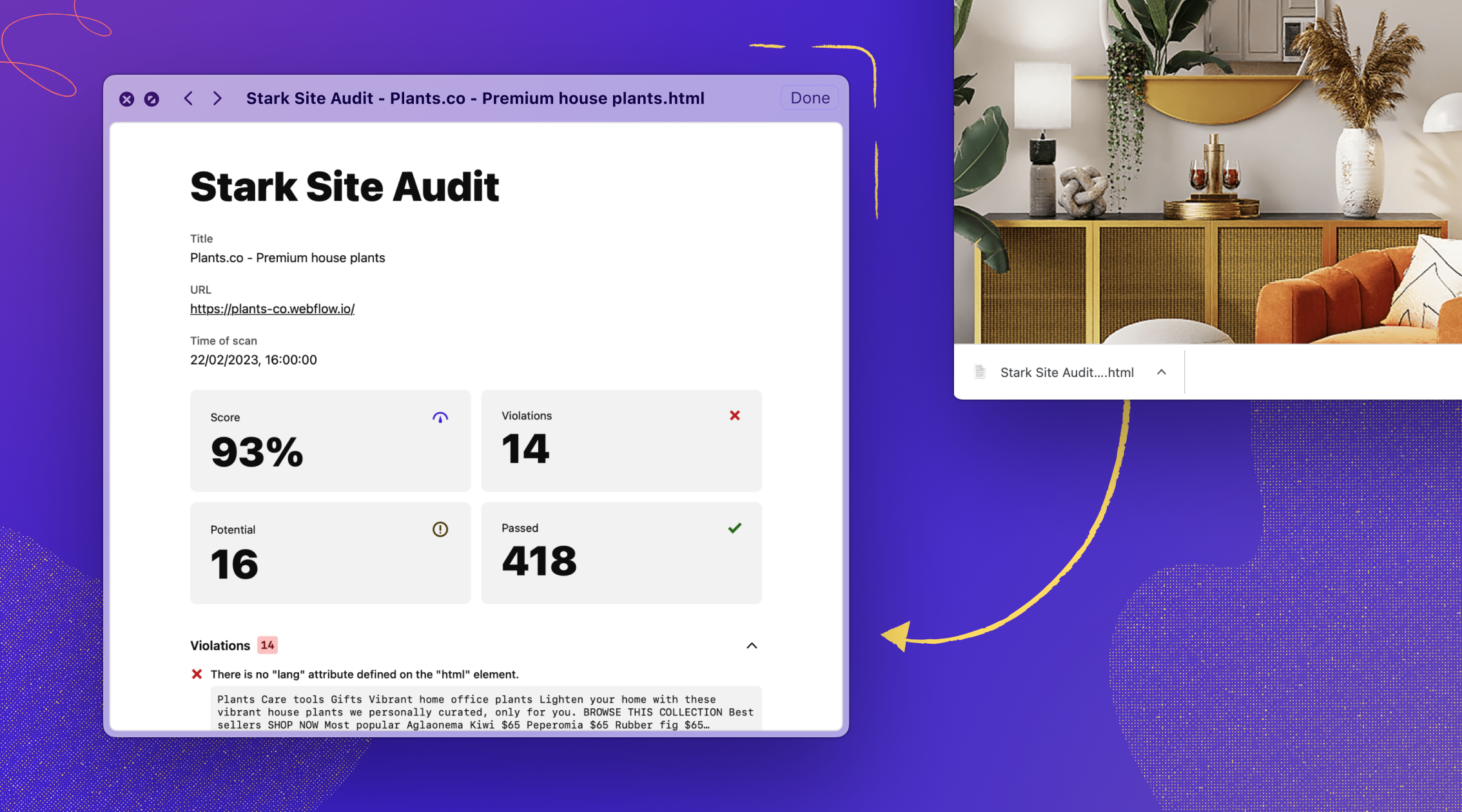 On the left a browser window with the audit report of a website showing details of the scan results. On the right, partially cut off, a browser window with a download confirmation of said report.