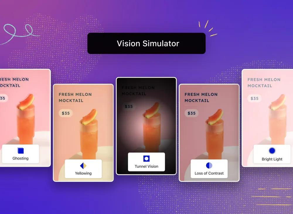 On top a black button with the label "vision simulator", below five cards showing different types of simulations of a e-commerce website UI with the labels "Ghosting", "Yellowing", "Tunnel Vision", "Loss of Contrast" and "Bright Light".