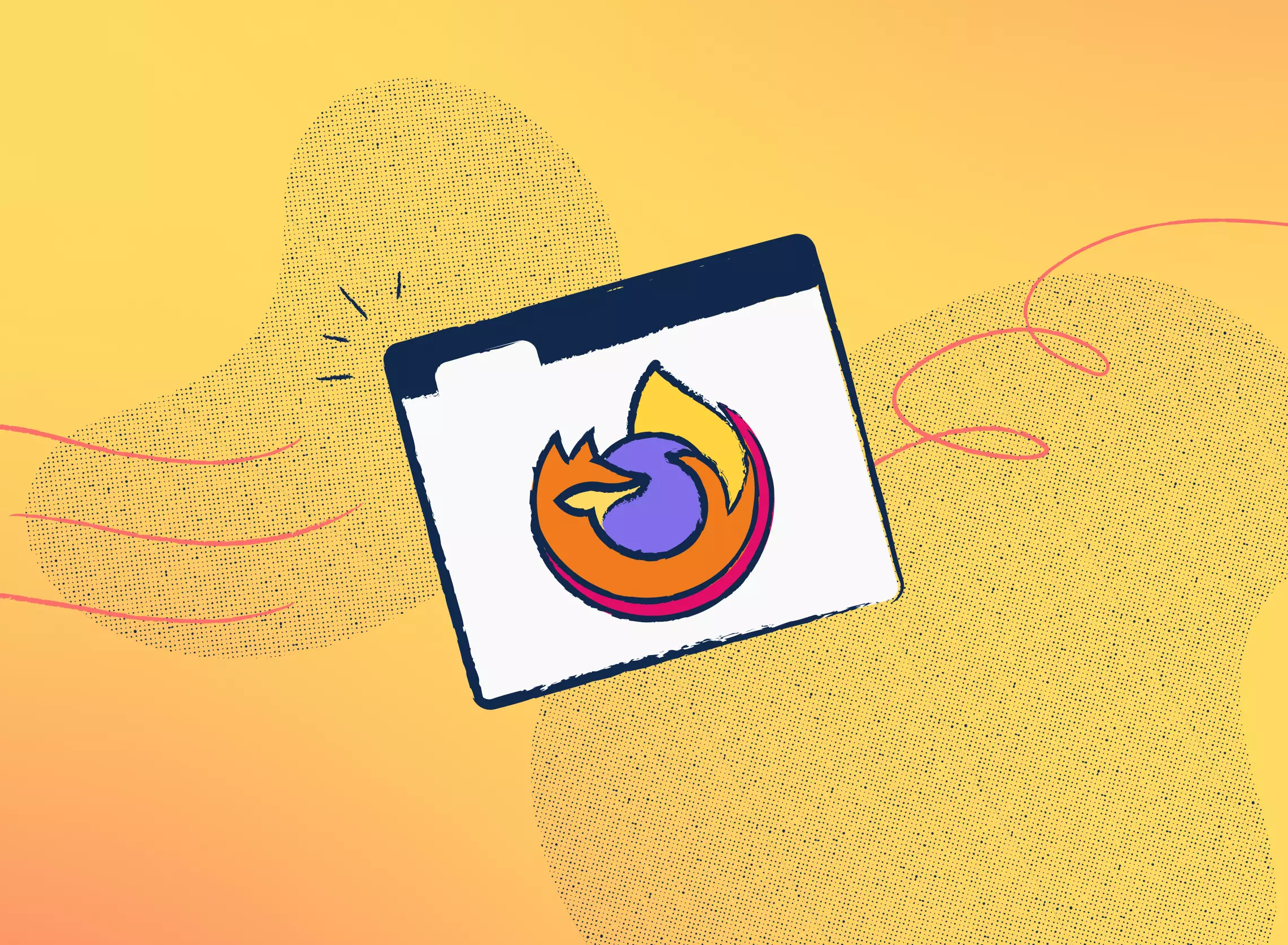 An illustrated Firefox logo inside a scribbled browser window in front of a orange and yellow gradient with scribbles in the background