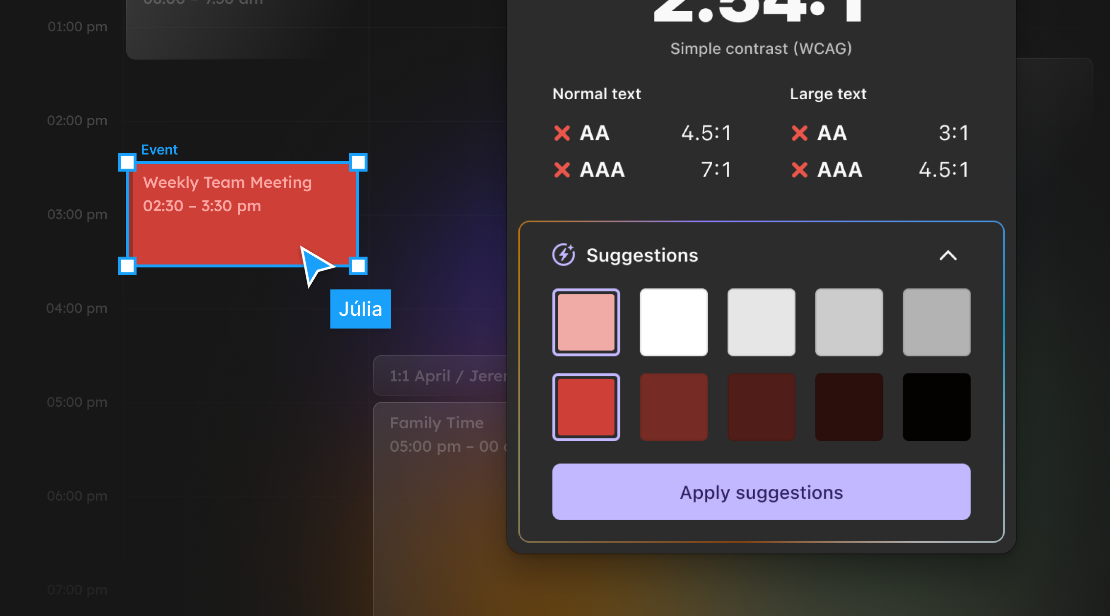 On the left, a selected design element. On the right, Stark’s contrast checker showing color suggestions to fix failed contrast ratio checks for the selected element.