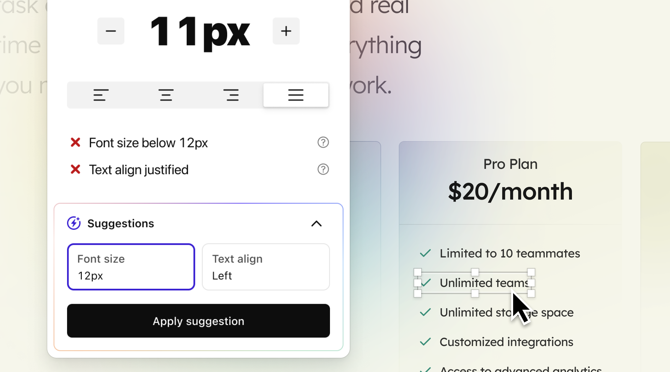 On the right, a selected text element. On the left, Stark’s typography tool UI showing AI-generated suggestions for font size and alignment improvements.