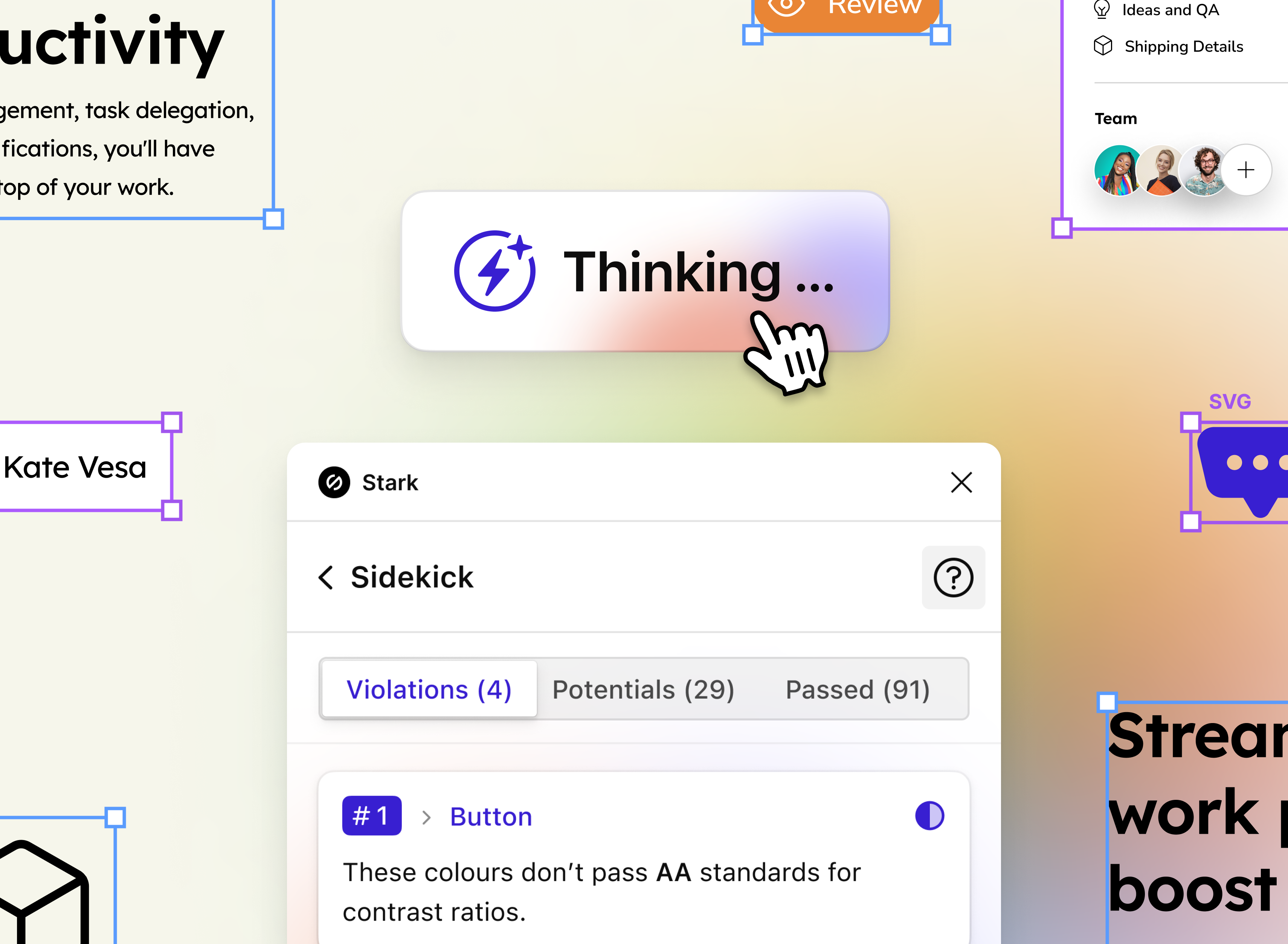 In center, a button with the label "Thinking..." and a cursor hovering over it, below the UI of Stark’s Sidekick tool showing a list of accessibility issues, several decorative design elements floating around the UI.