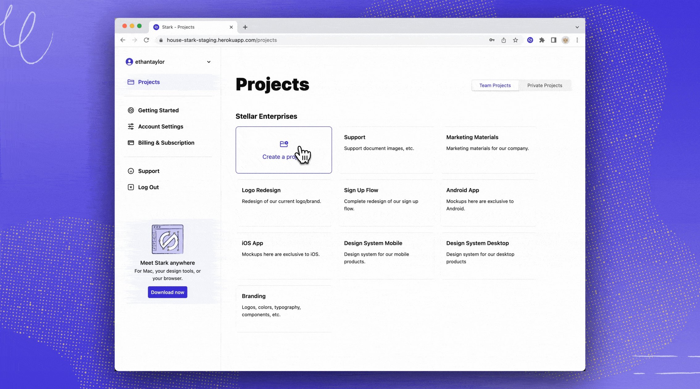 A mouse cursor clicks on the Create a New Project button, enters project information and we see an accessibility compliance scan of a Figma file being performed and a bar chart appears showing 200 issues that were detected.