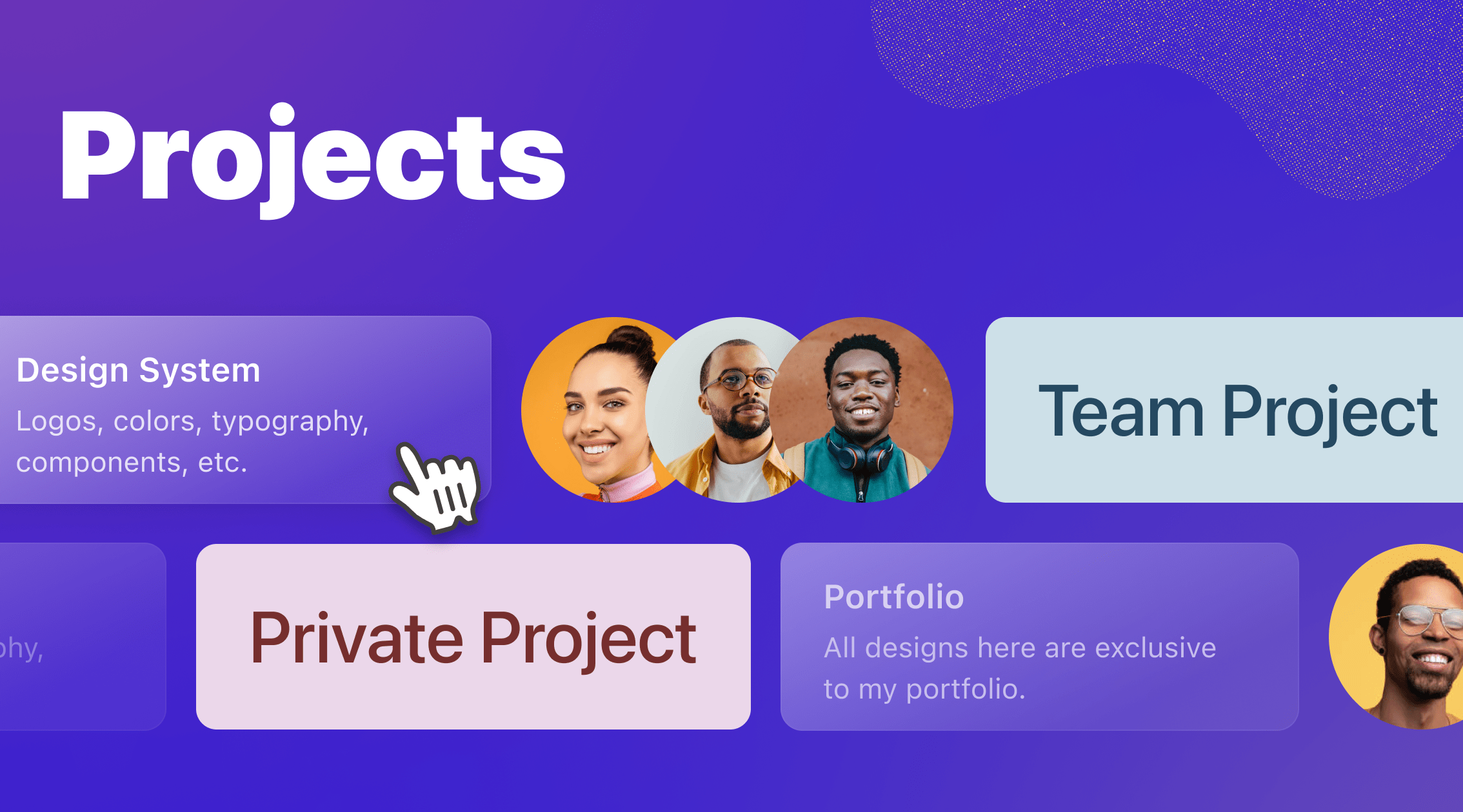 In the top left a big headline reading Project, underneath a couple of rows showing abstracted UI elements such as project cards and the faces of team members.