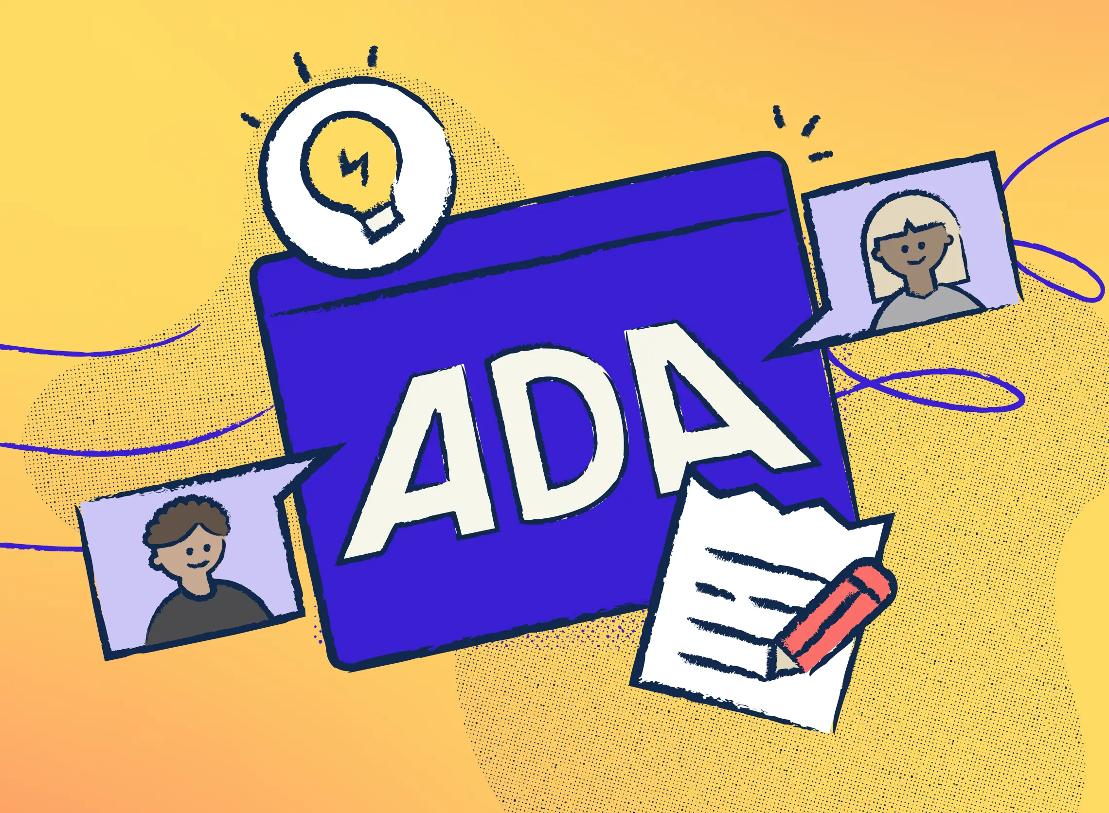 In the center of the illustration: a web browser window with the ADA logo. Around it are two faces appearing in a chat popup, a lightbulb, and a document being signed.