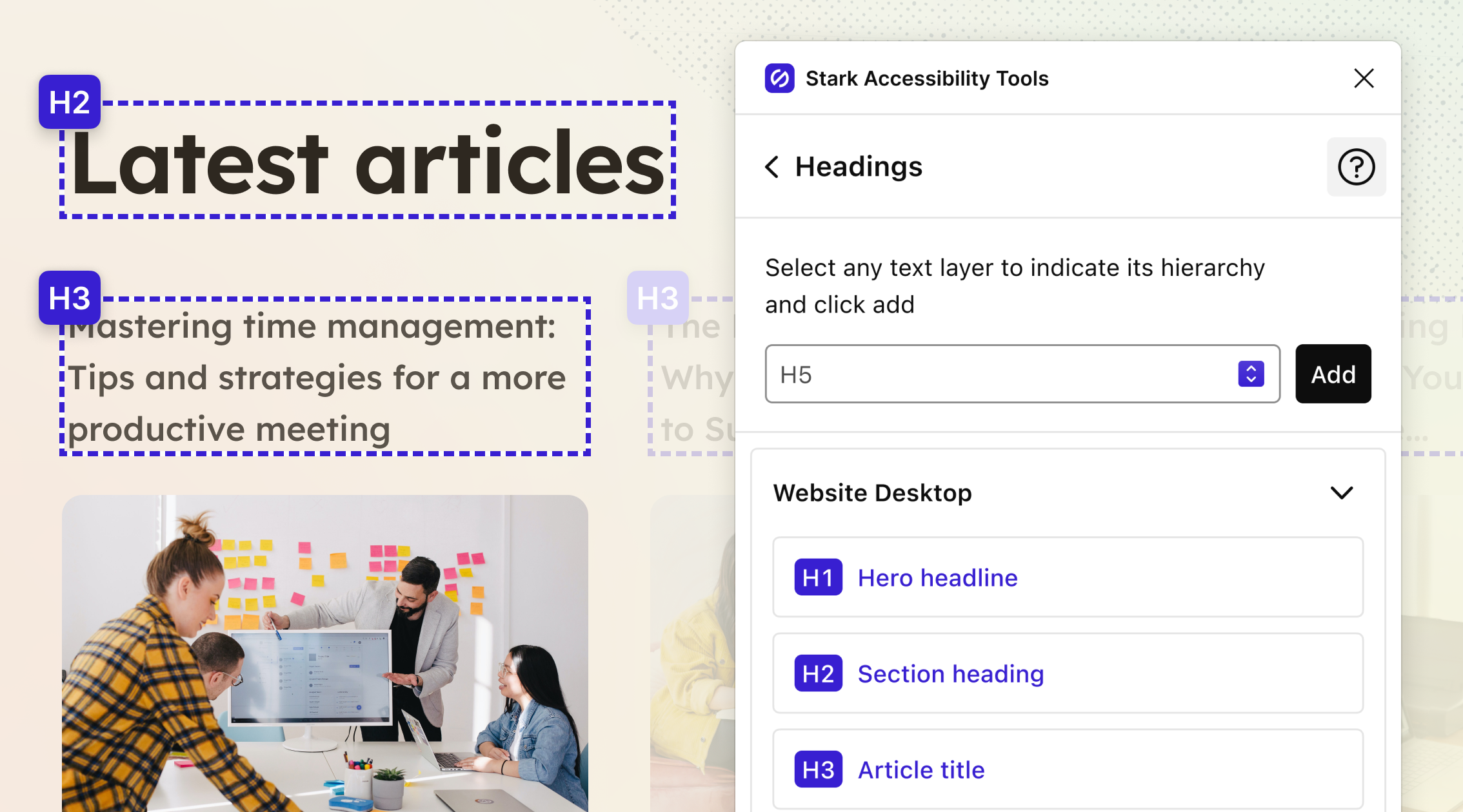 An e-commerce website in the background with Heading annotations H2 and H3 for the title and description of a section in the website. In the foreground, to the right, Stark’s Plugin UI displays the tool Headings with the listed annotations. 