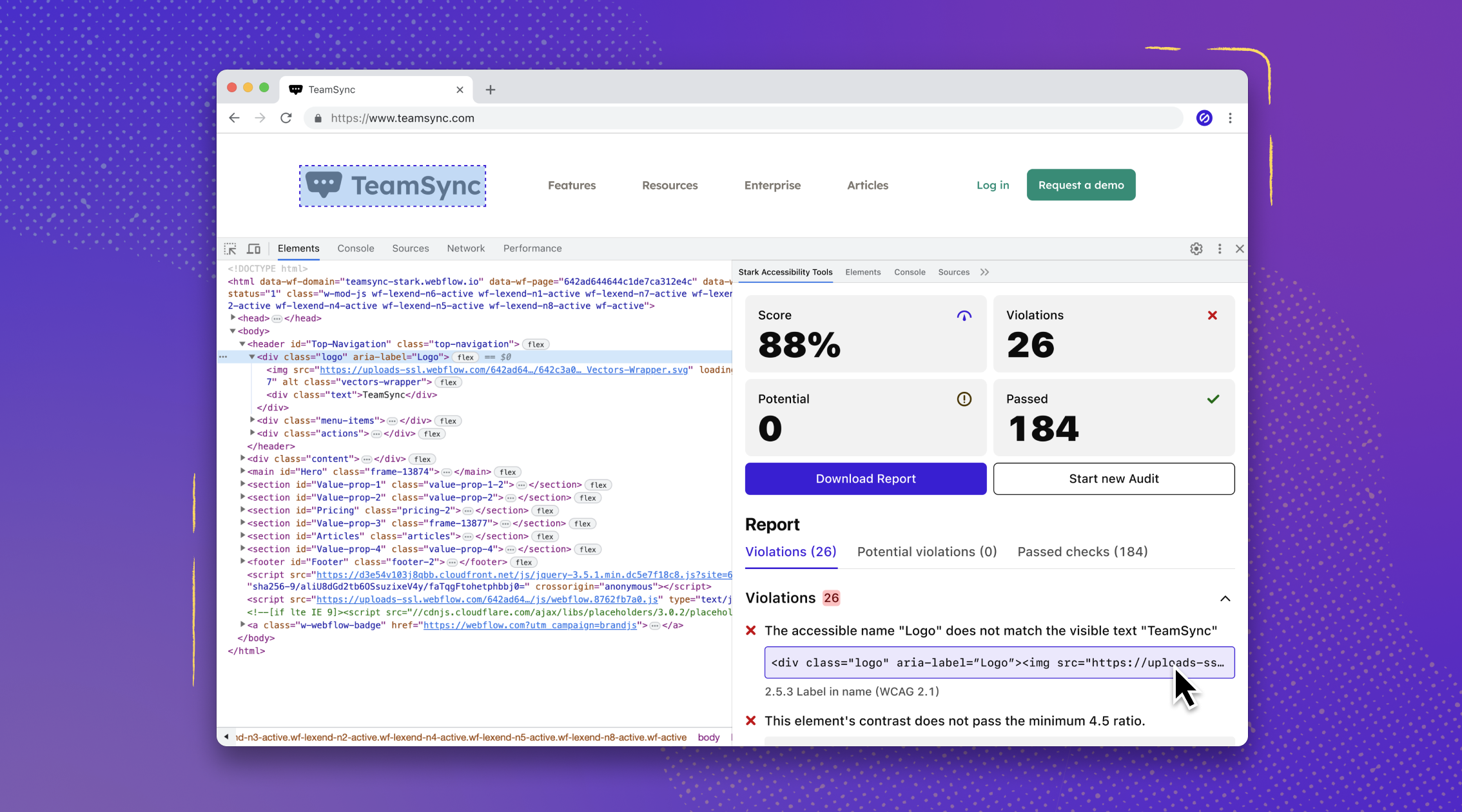 Browser is open on a website with Stark’s extension displaying in the developer console. A Stark audit has been run with the results on the right side next to the HTML. A code snippet is highlighted both in the console and on the website.