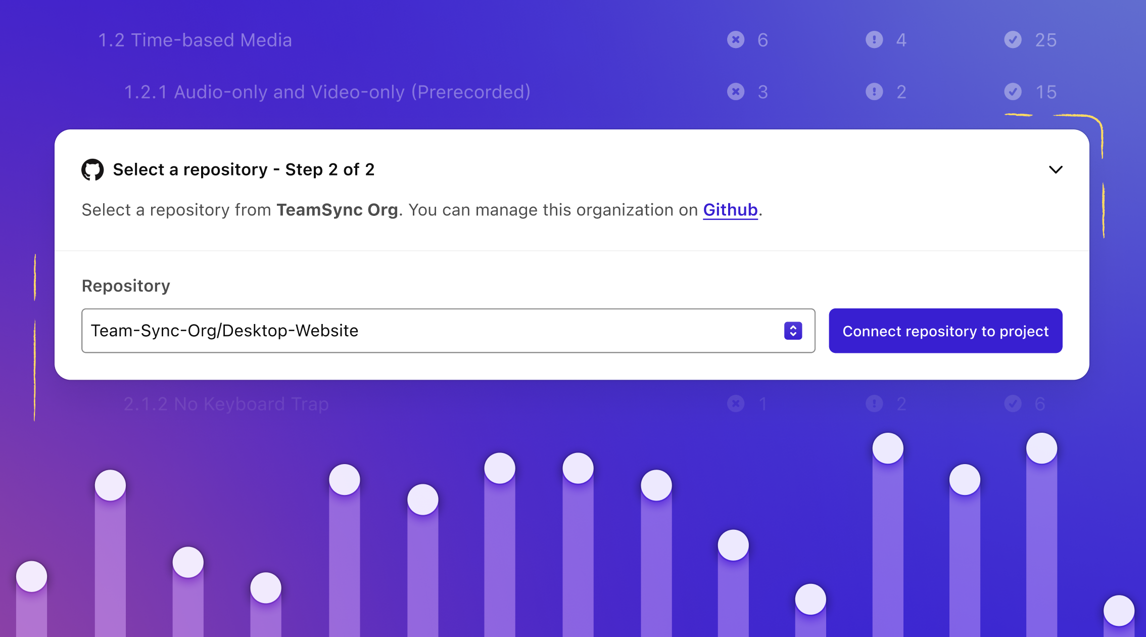 In the center sits Stark’s web interface, showing to connect a GitHub repository to your project. Behind it is a breakdown of the WCAG audit as well as the report chart.