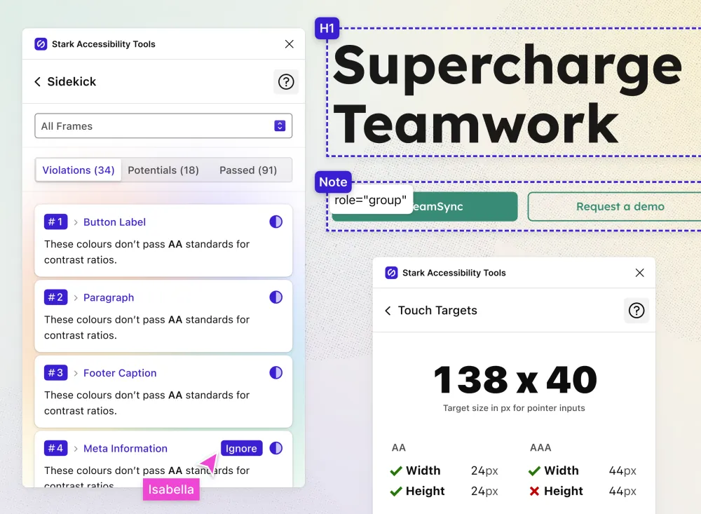 On the left, Stark’s Sidekick UI showing the new filtering and "Ignore" options. To the right, design elements showing the new headings and ARIA annotations as well as the updated UI of the Touch Targets tool with AA and AAA compliance checks.