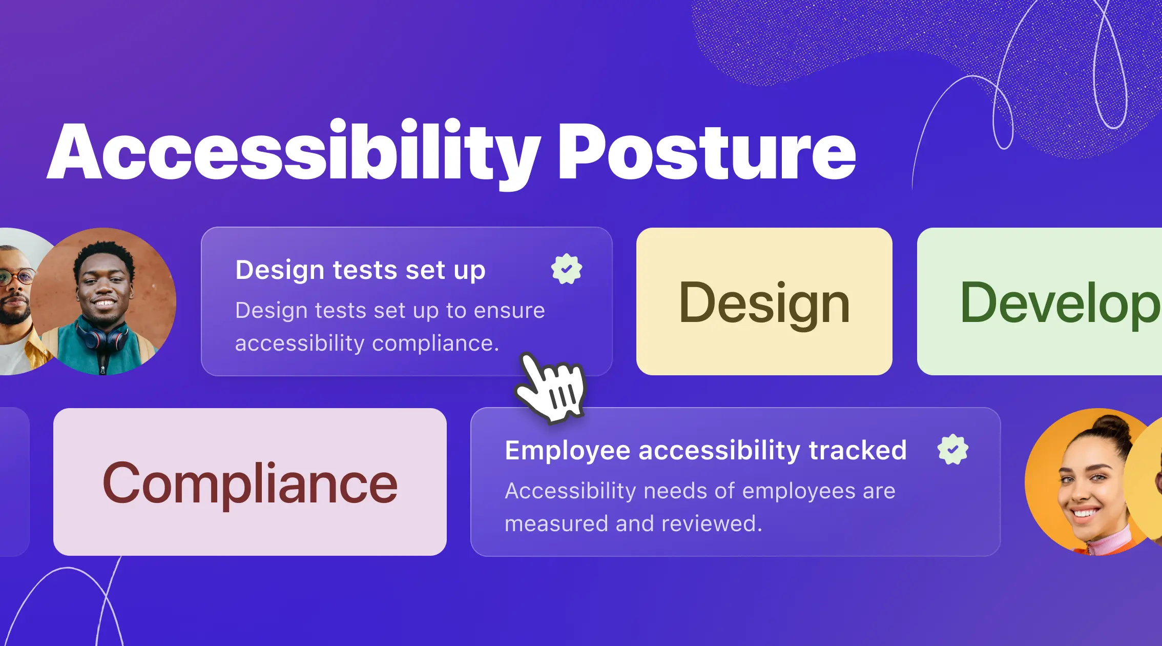 A graphic showing elements that make up a company’s accessibility posture such as connecting workflows across design, development and compliance. These elements are mixed with profile photos of team members to symbolize collaboration.