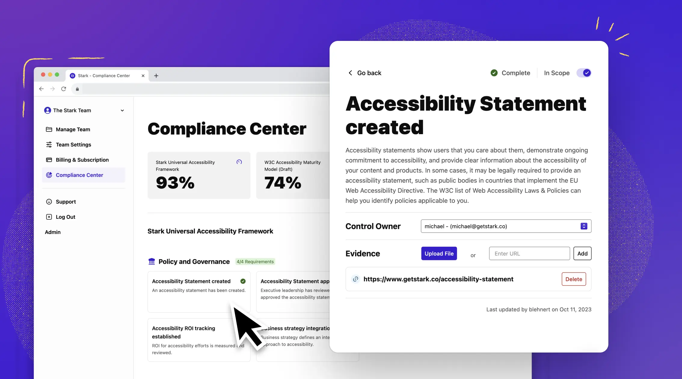 In the background the UI of Stark’s Compliance Center. In the foreground the detail view of the control “Accessibility Statement created” showing the description, control owner and evidence plus the “completed” status.