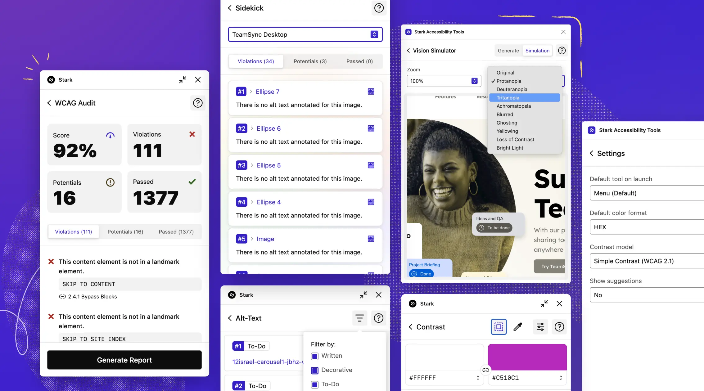 In a grid from left to right the WCAG audit in Stark’s browser extension, improved Sidekick UI, new Alt-Text filtering, new real-time Vision Generator in Stark’s Figma plugin, and updated Settings to hide suggestions.