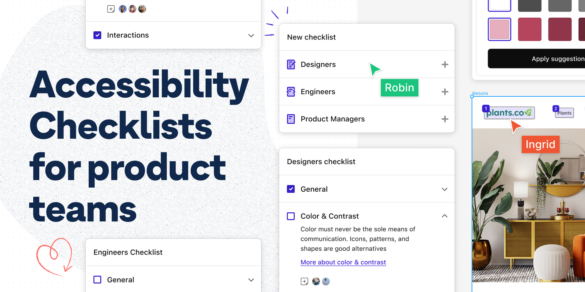 On the left, Heading reads Accessibility Checklists for product teams. On the right, Stark's UI displays a checklist of accessibility items for Designers, Engineers, and Product Managers.