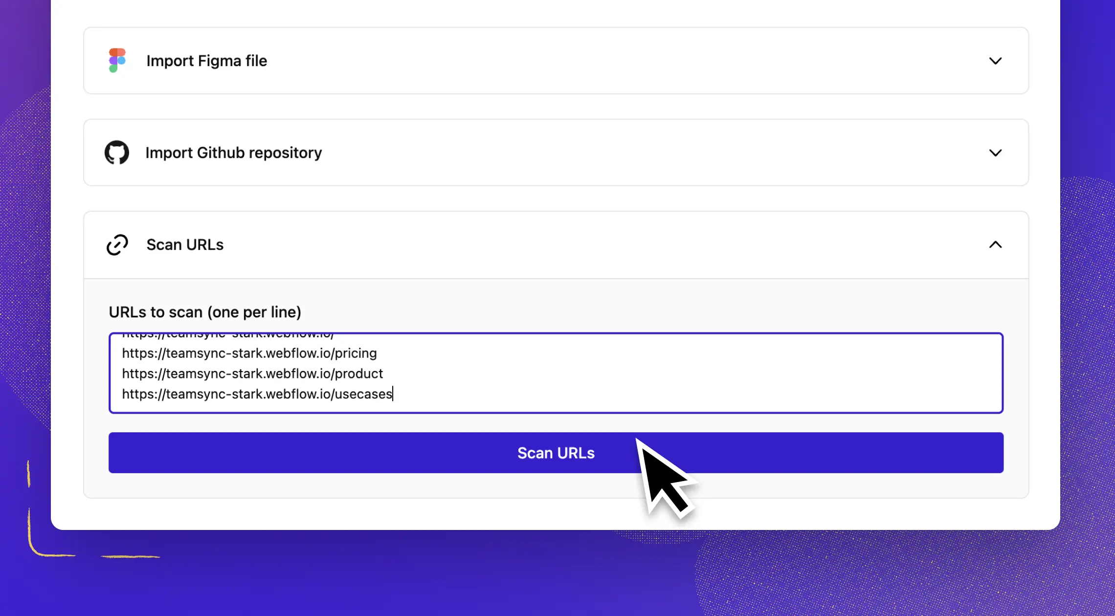 The UI of Stark’s live URL scanner displaying a field to input URLs, with several web addresses listed to be scanned. A cursor is depicted clicking the 'Scan URLs' button, to start the scanning process.