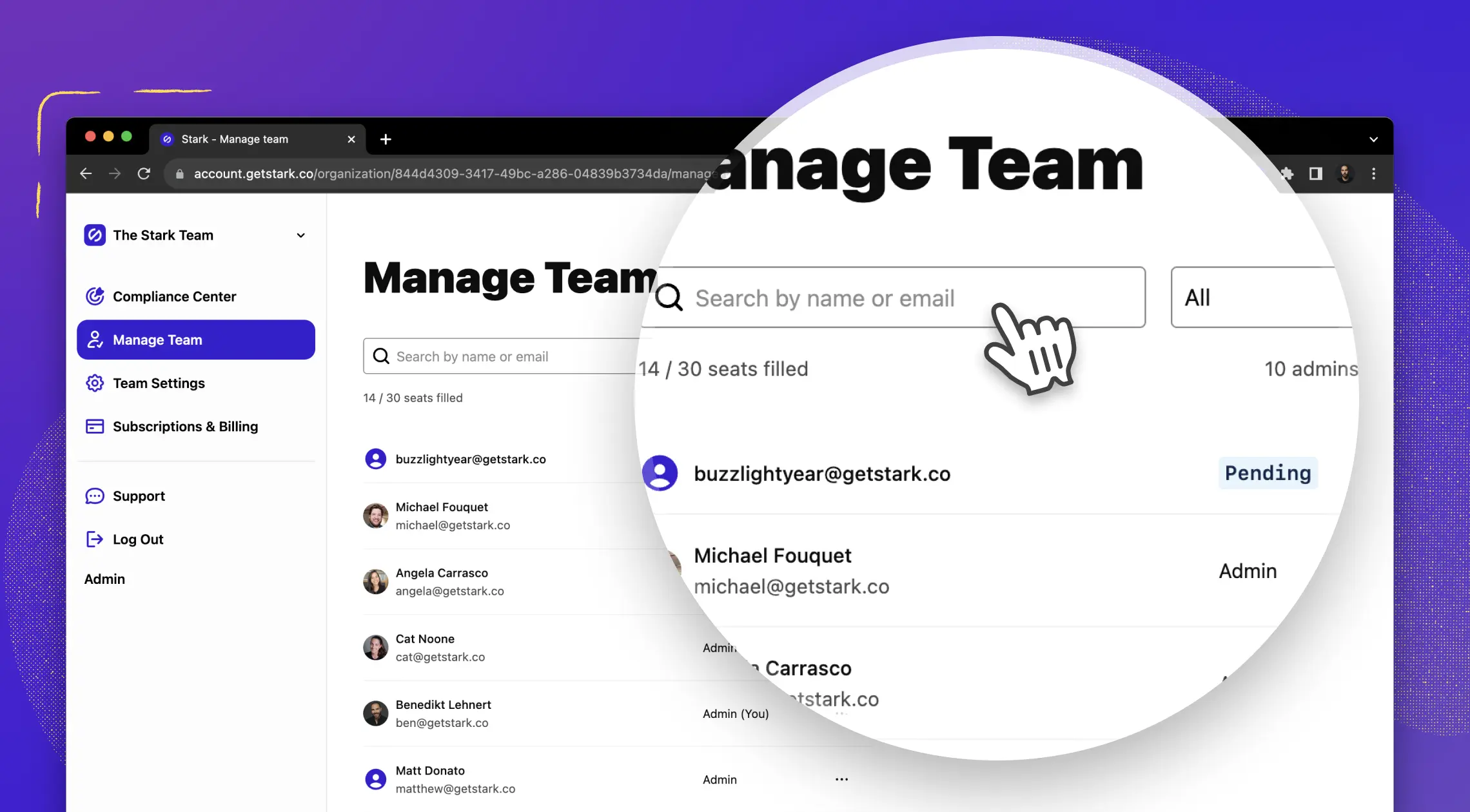 Window of Stark’s ‘Manage Team’ page showing a list of team members with names, email addresses, role and status, like ‘Admin’ and ‘Pending’. A search bar at the top with filters and a summary stating number of seats filled and admins.