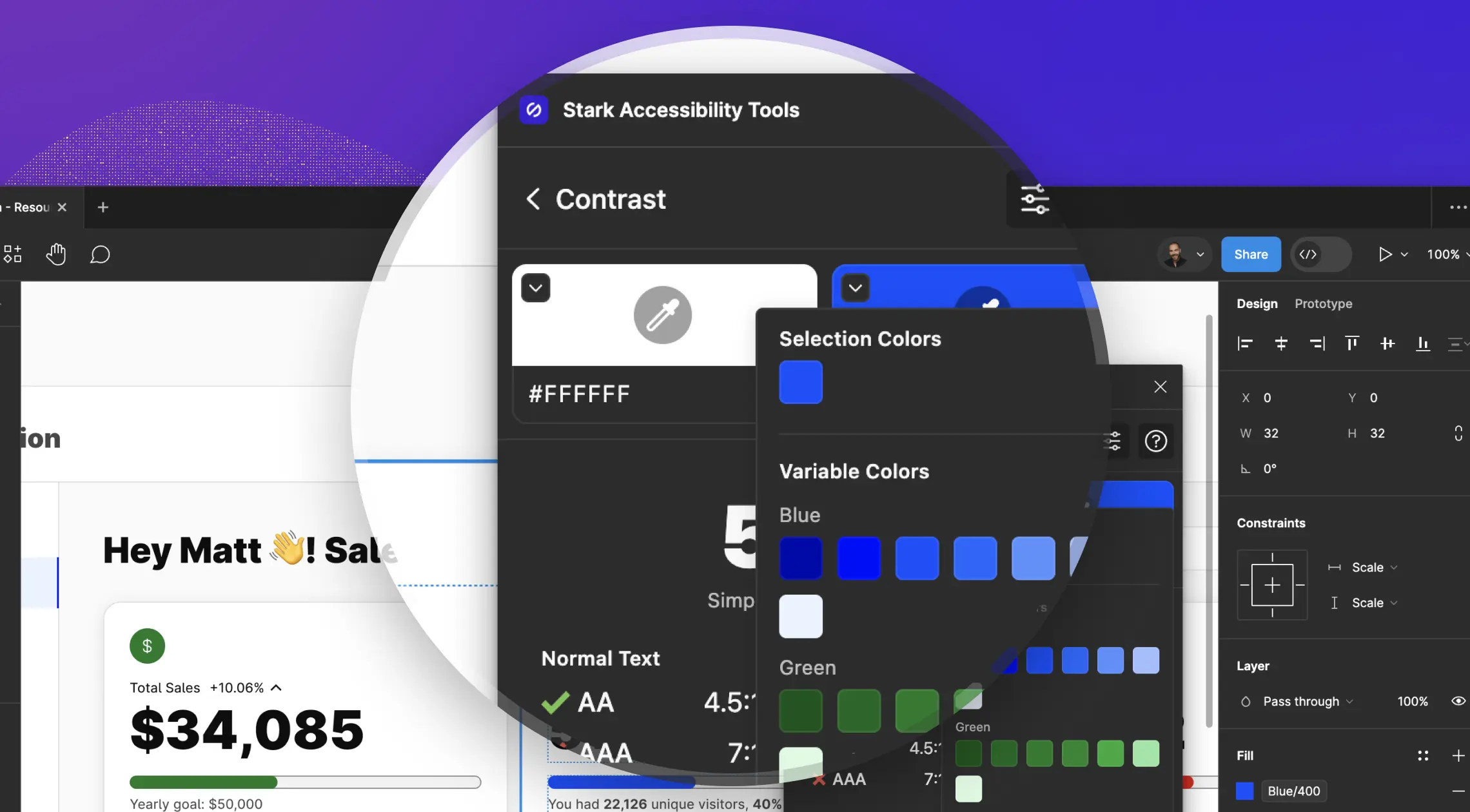 In the background a Figma window with Stark’s Contrast checker. In the foreground, a magnified view of the color picker in Stark’s Contrast Checker showing the support for variable colors.