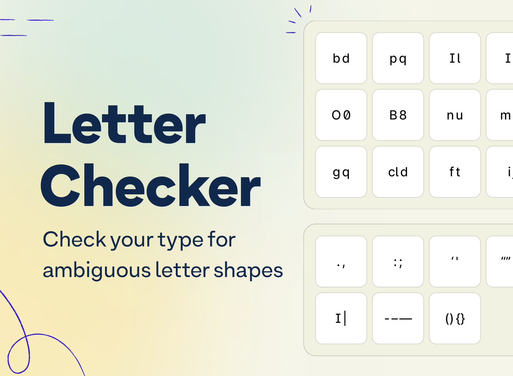 Letter Checker. Check your type for ambiguous letter shapes. A grid of pairs of characters compares similar letter and number shapes. Each pair is contained within its own box, and examples include 'bd,' 'pq,' 'Il,' and more.