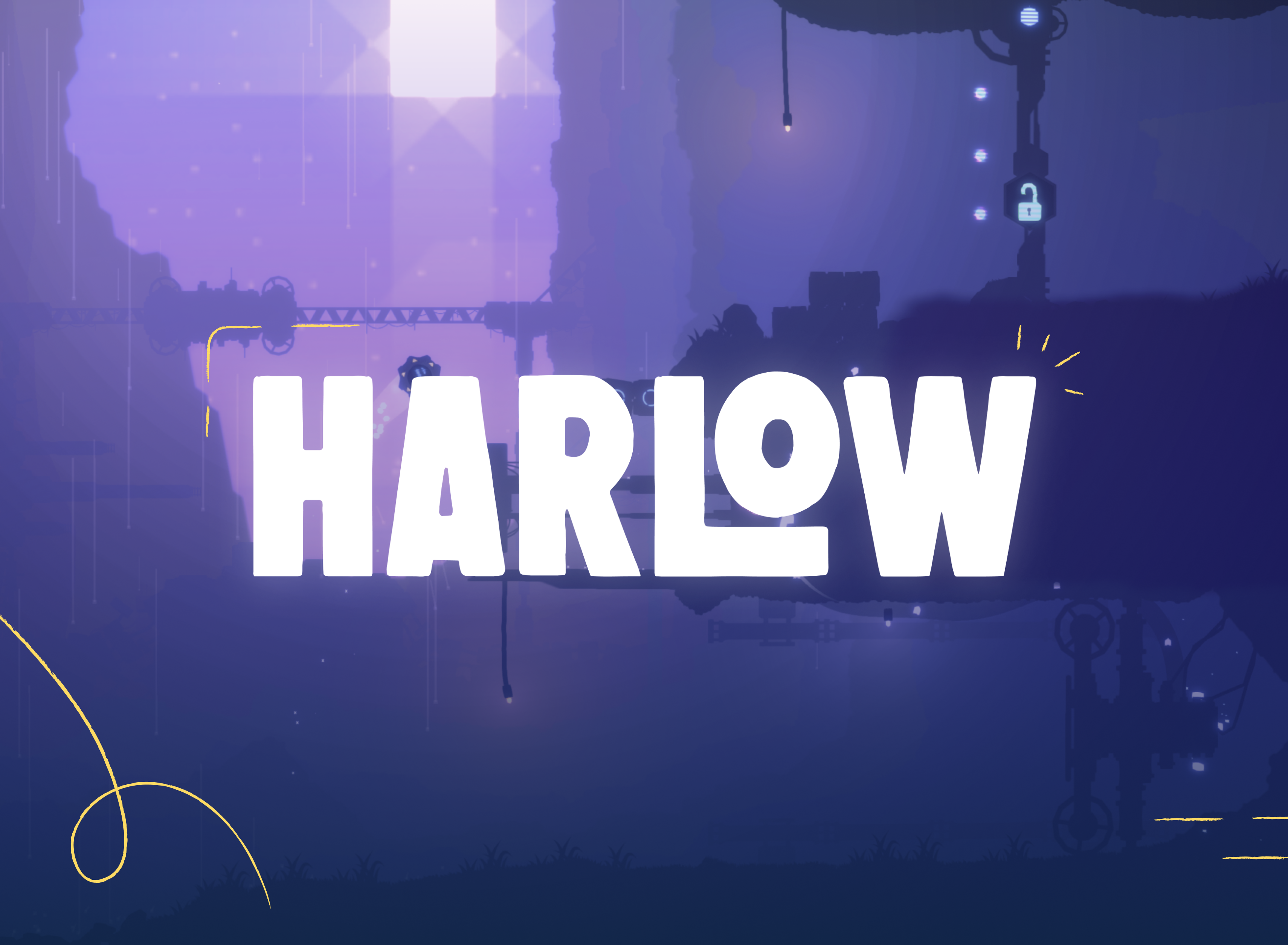 Case study image with 'HARLOW' in large, bold white letters centered on a soft-focus blue-tone background. The setting is a video game with a dimly lit, atmospheric scene with silhouettes of industrial structures.