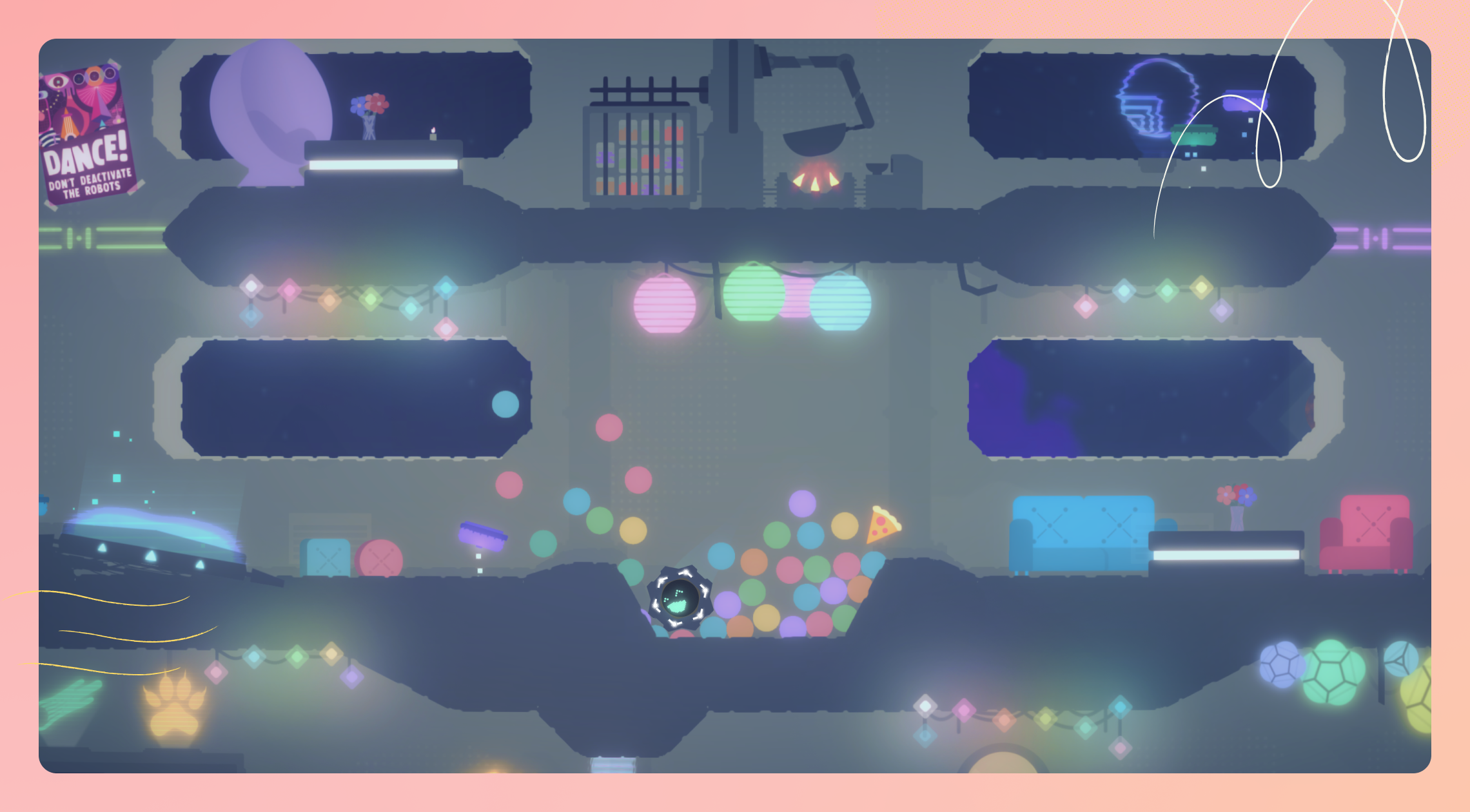 Game scene from Harlow with colorful, whimsical tones and shapes. The central focus is a character surrounded by a burst of multicolored dots. Various platforms are adorned with bright, diamond-shaped lights.