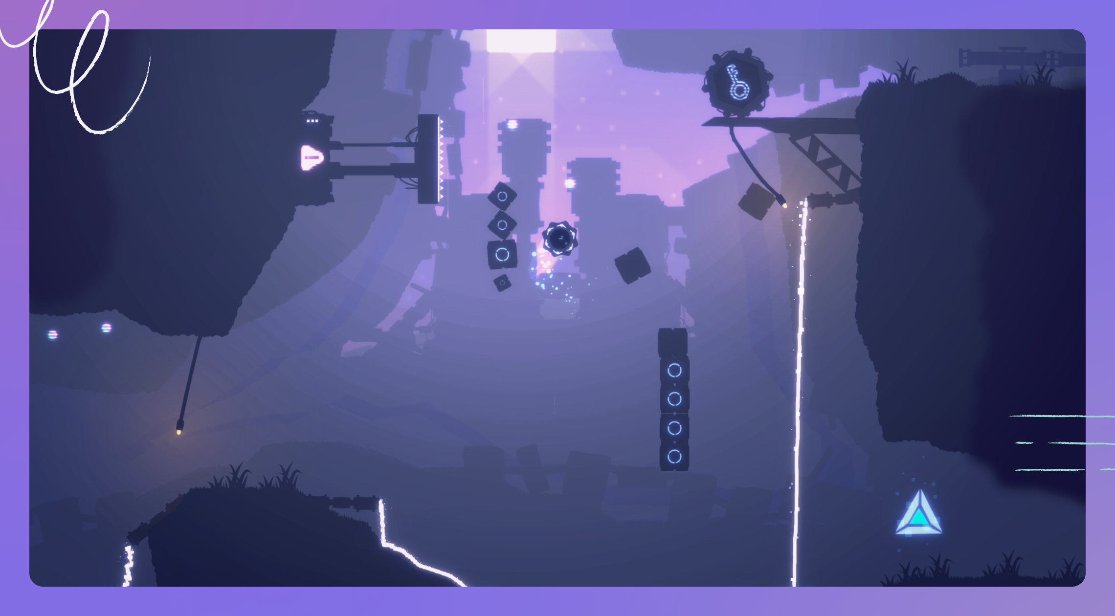 Game scene from Harlow with a surreal, futuristic vibe, in a cavernous space with a purplish hue. It’s illuminated by soft light sources, creating an ethereal glow.  In the center, a character is surrounded by floating geometric shapes and sparkles.