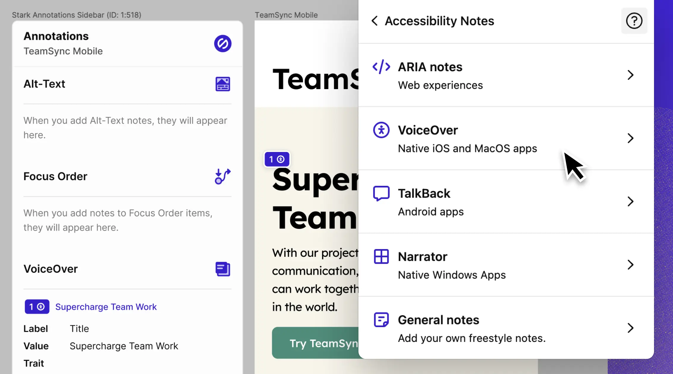 In the background a design file showing the new Stark annotations panel with a voice over annotation. In the foreground the new Accessibility Notes tool UI with a menu for ARIA notes, VoiceOver, TalkBack, Narrator, and General Notes.