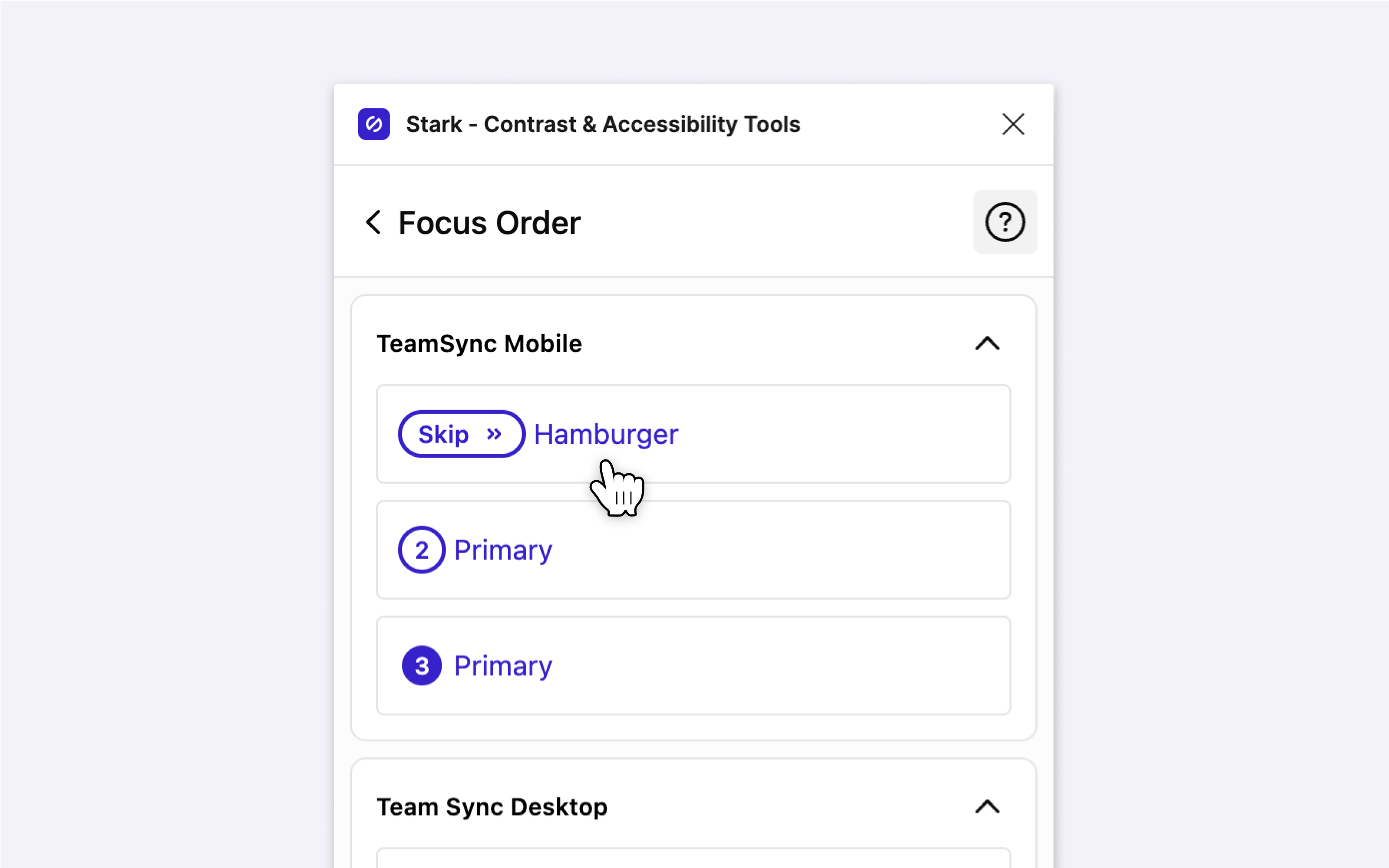 Stark UI shows Focus Order annotations inside its Figma plugin.