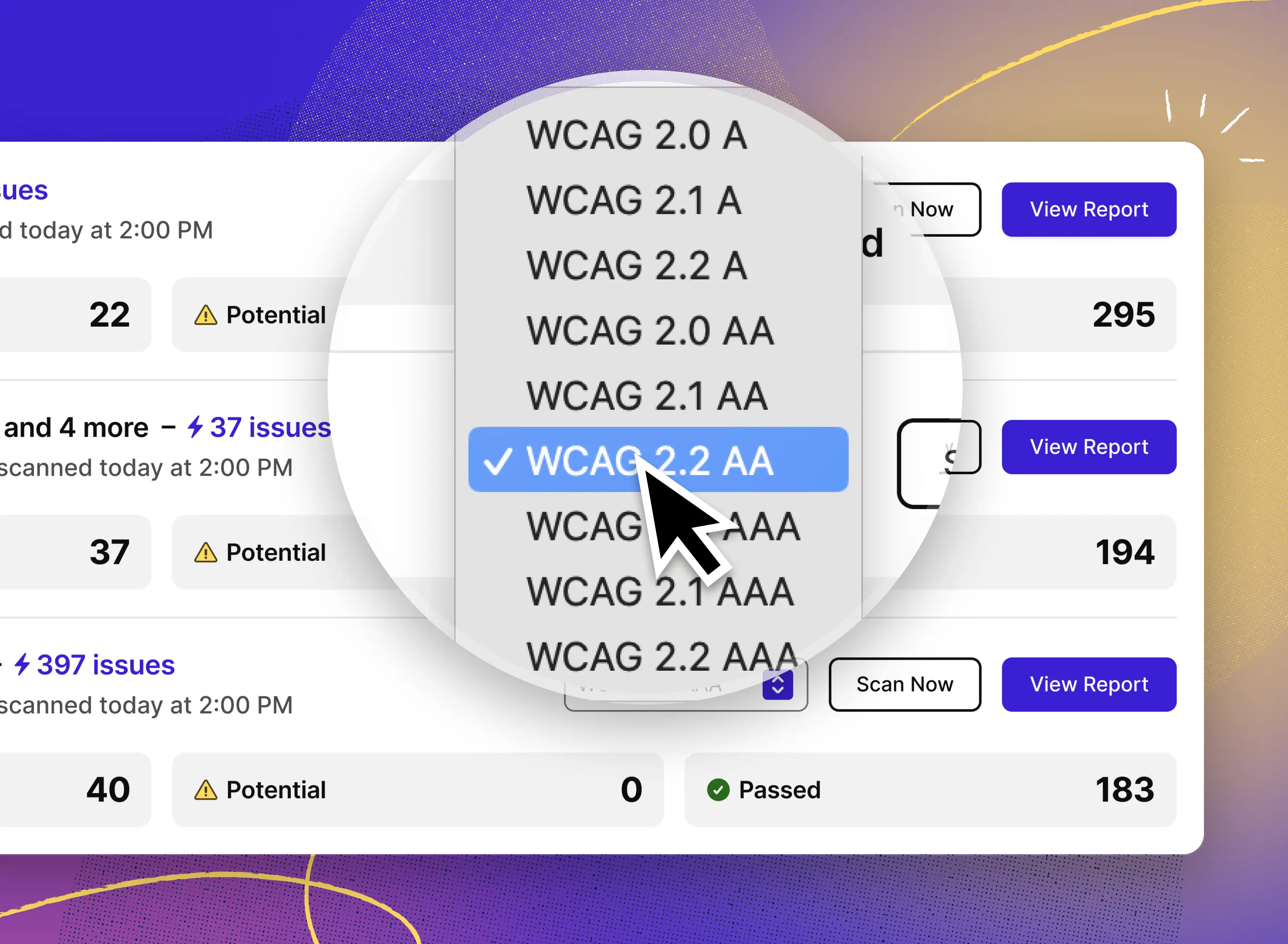 In the background, Stark UI showing accessibility reports for multiple asset file. In the foreground, a magnifying glass highlighting the filter option to select WCAG version and conformance level.