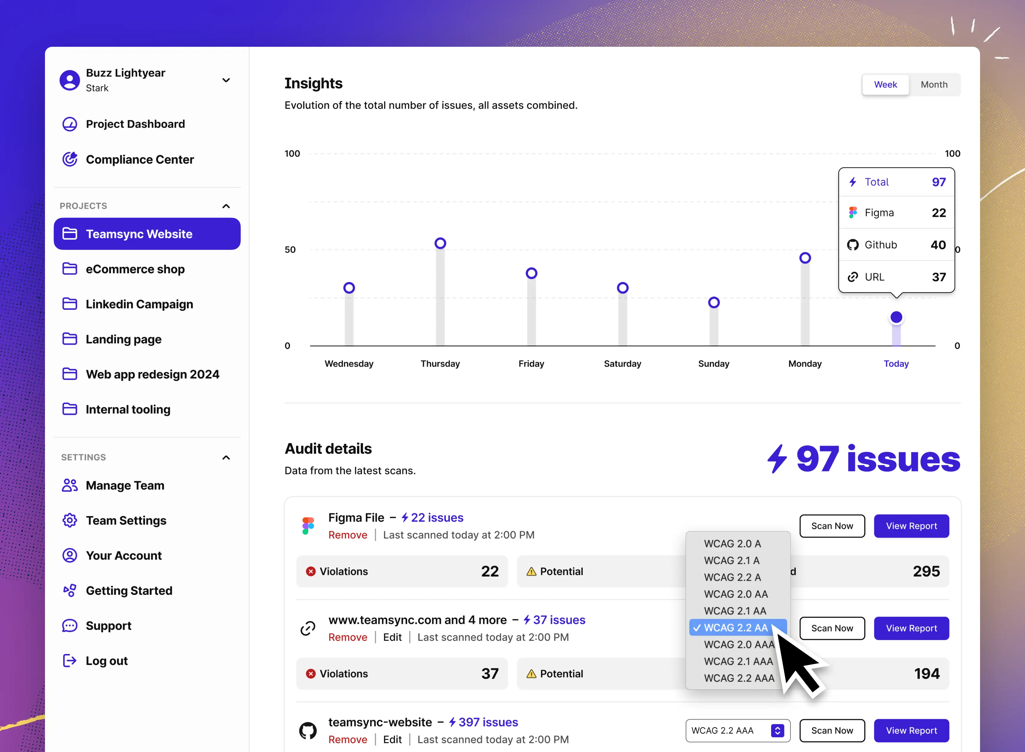 The Stark web app UI showing a report for the project Teamsync website with a total of 97 issues. The cursor is selecting from a dropdown of WCAG versions and compliance level.