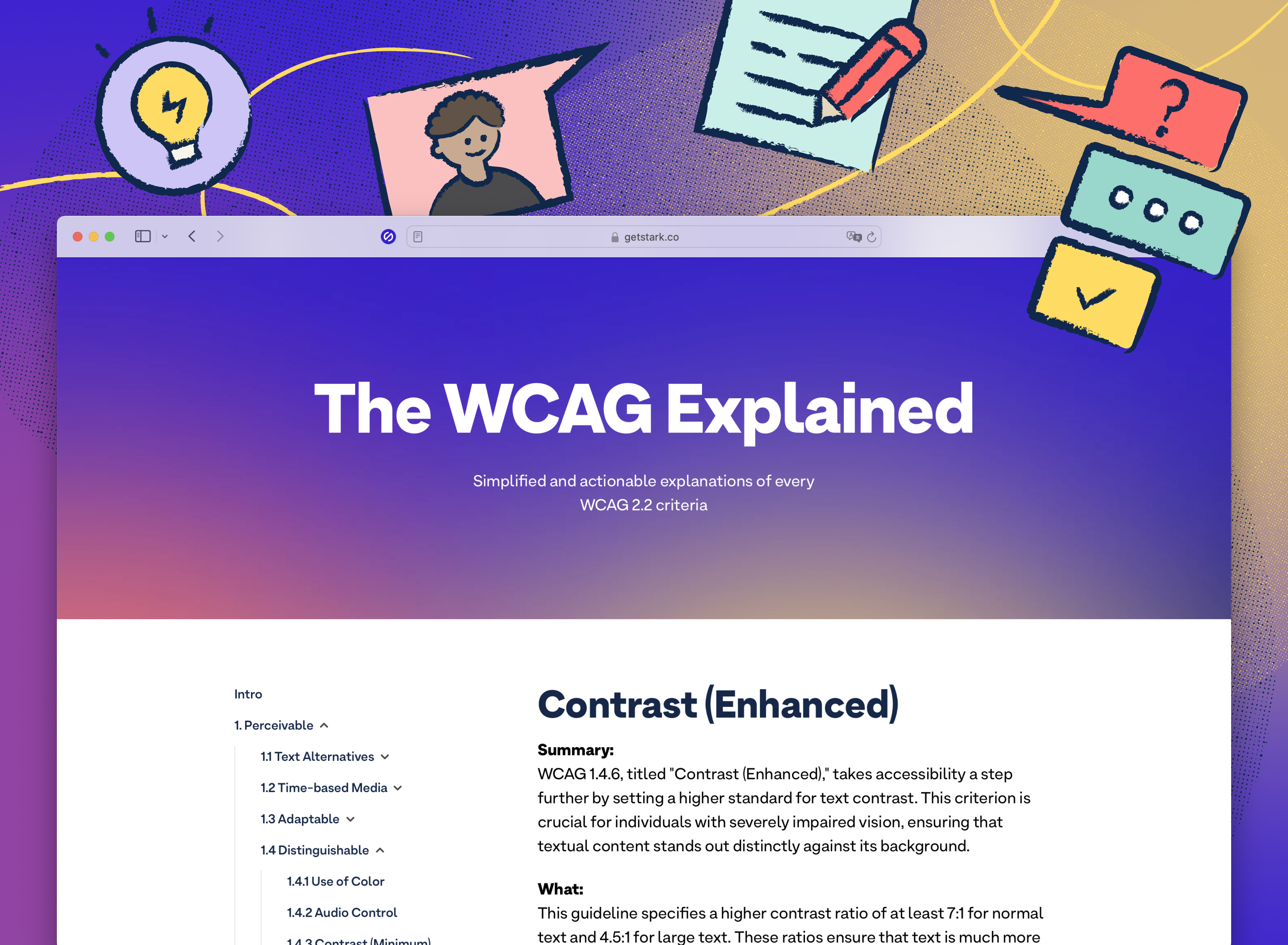 In the foreground a browser window showing the WCAG explained page about Contrast,and in the background floating illustrations of a lightbulb a person in a chat and notes.