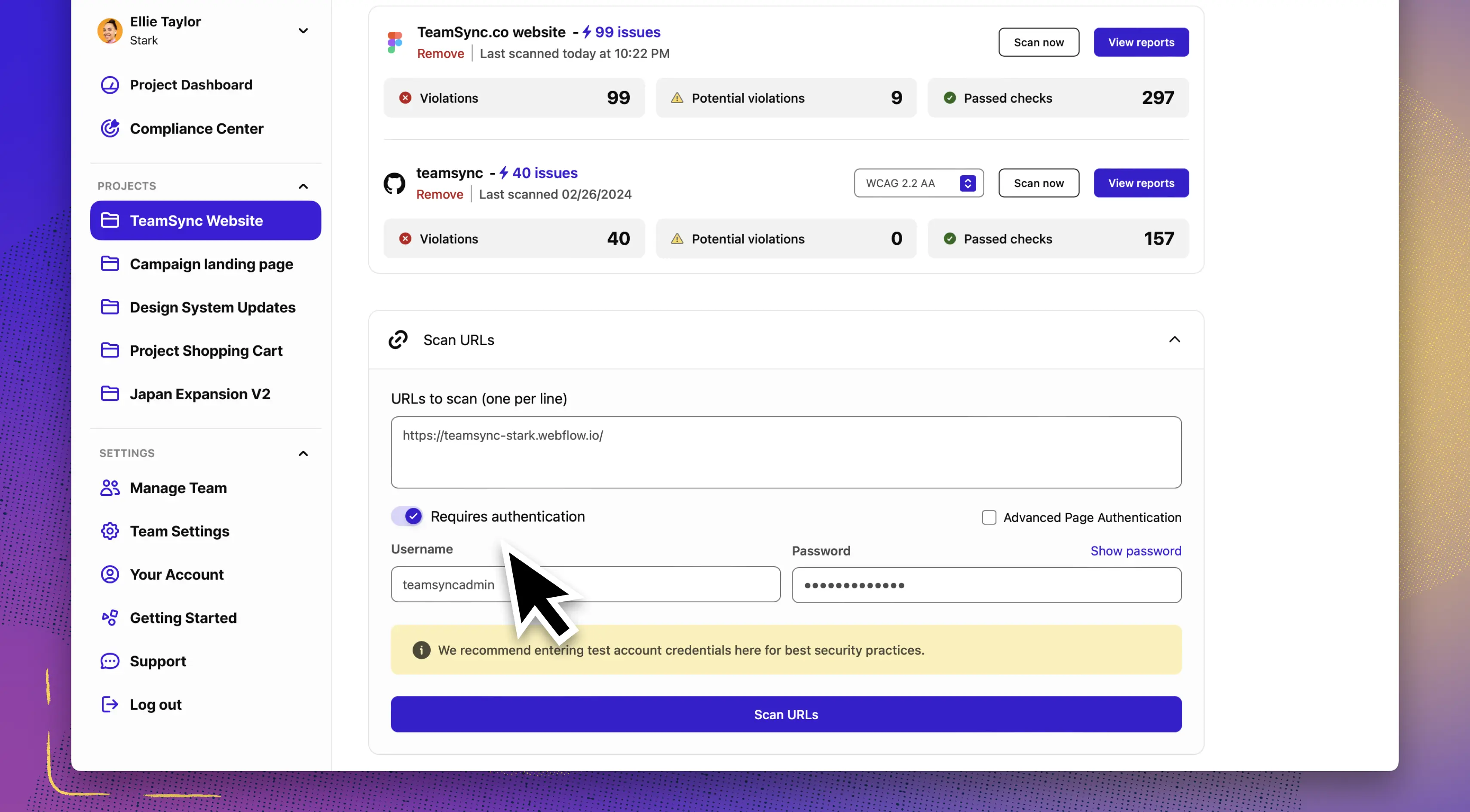 Stark UI showing how to add a URL as an asset with authentication credentials for automated scanning