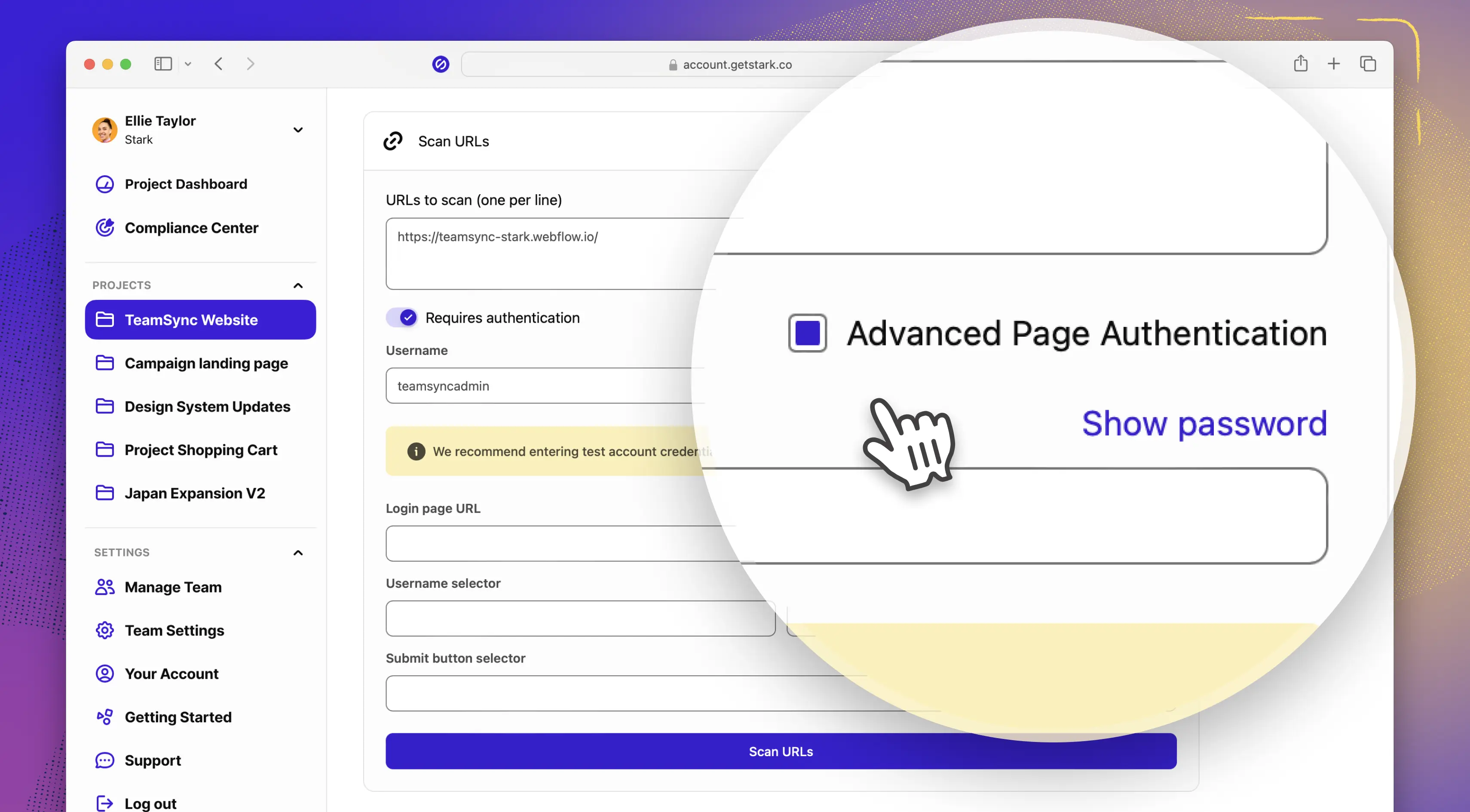 In the background the Stark web app UI showing a project with URL asset being added. In the foreground, a magnifying glass highlighting Advanced Page Authentication toggle, and a mouse cursor.