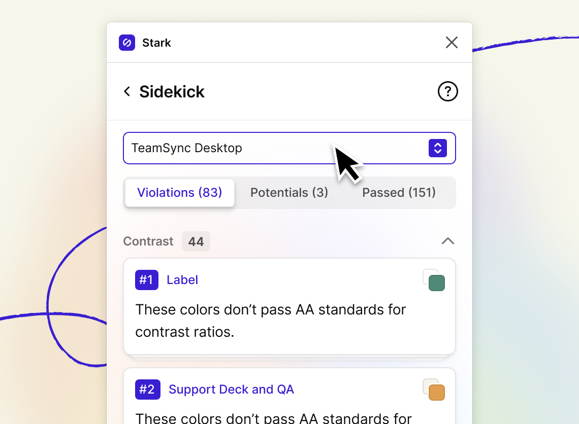 Stark Sidekick UI showing a design frame called 'TeamSync Desktop' selected and a list of accessibility issues grouped in Violations, Potentials, and Passed.