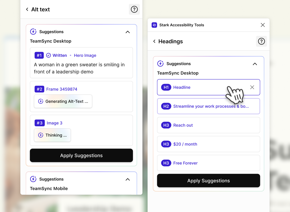 Next to each other Stark UI of AI-generated alt-text suggestions for a list of images, and auto-generated suggestions for headings annotations.
