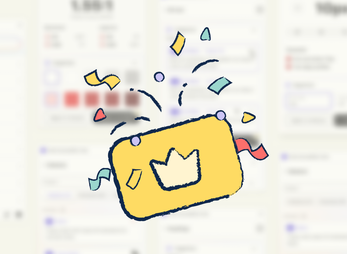 Blurred in the background a grid of UI of the new Stark Sidekick features. In the foreground centered an illustration showing a yellow crown in a rounded rectangle with colorful confetti around it.