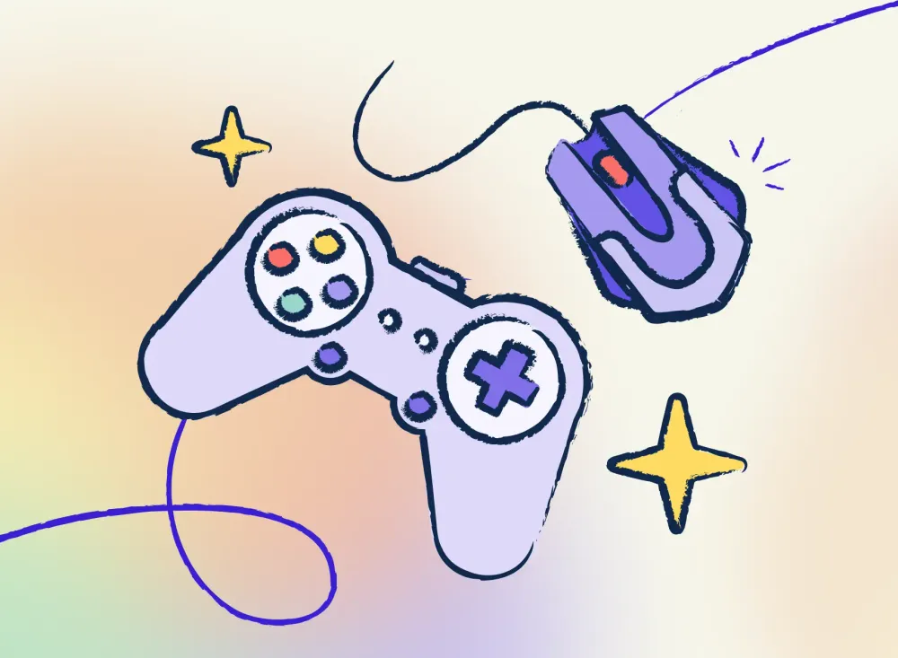 In the foreground a colorful illustration of a gaming controller and gaming mouse floating surrounded by yellow sparkles and purple brushstrokes. In the background a rainbow blurred color blob on a bone background.