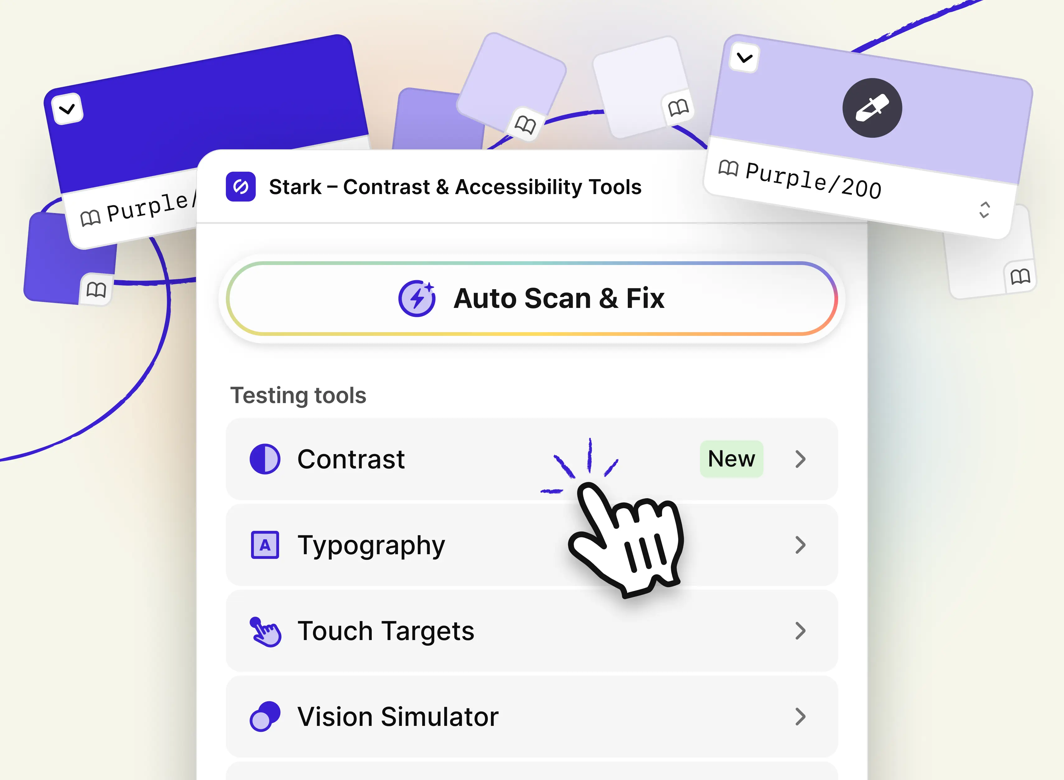 In the foreground the newly redesigned Stark UI with a pointer hovering above the Contrast tool. In the background, floating swatches showing colors from a design system library.