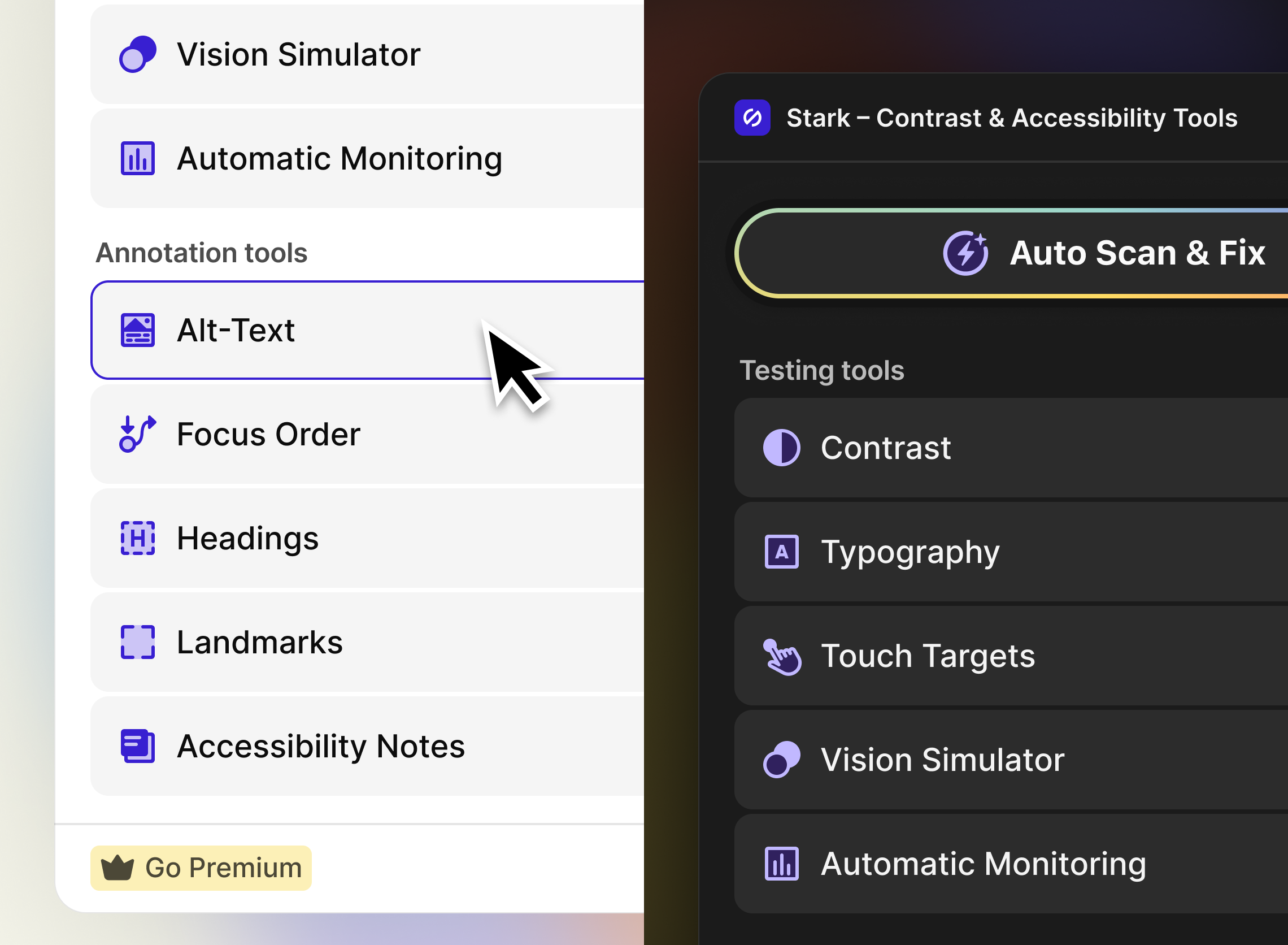 A split screen view showing the new Stark UI in light and dark mode, a pointer hovering over the Alt-Text tool.