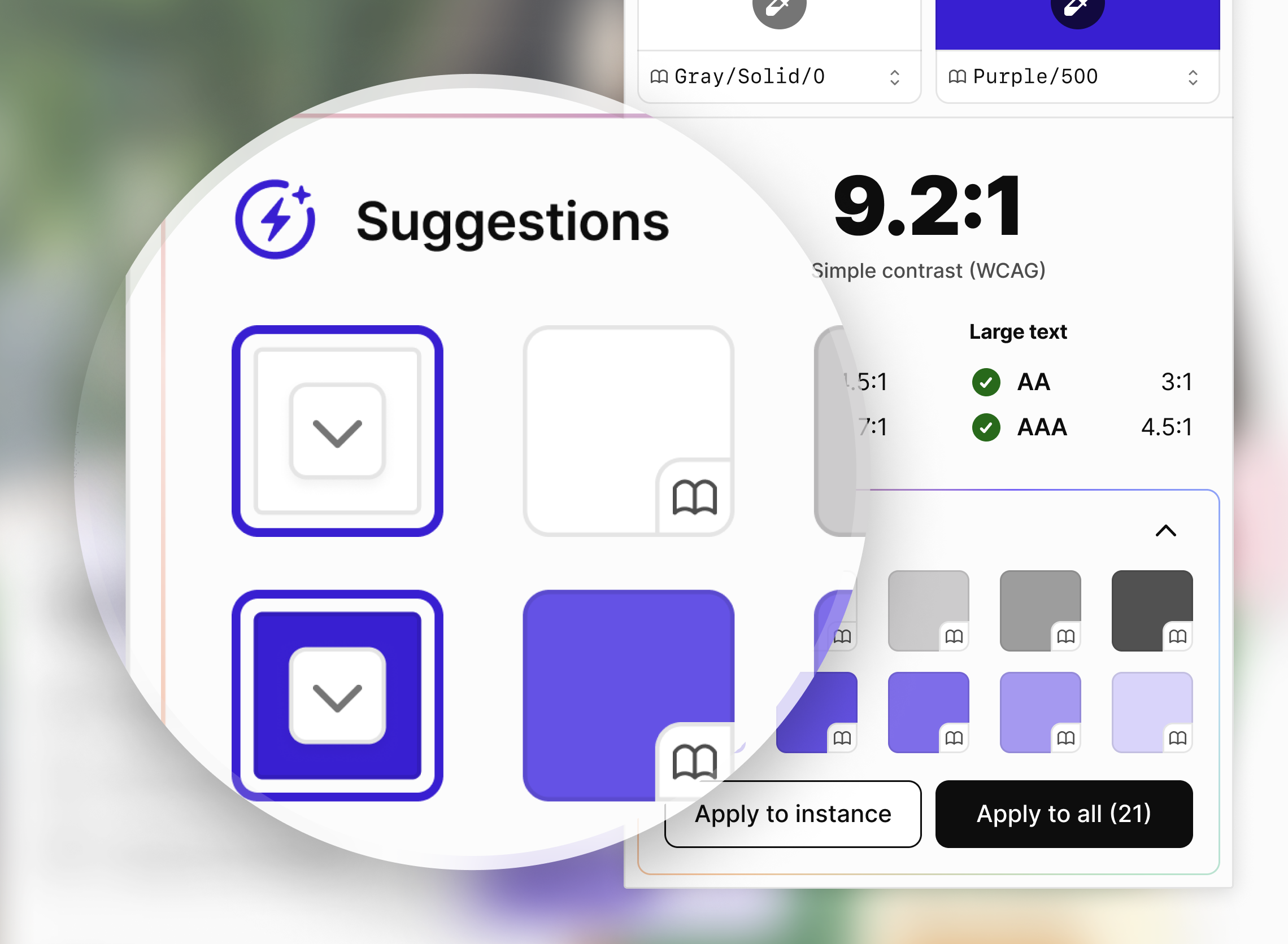 The Stark Contrast checker UI showing color suggestions from a design system library.