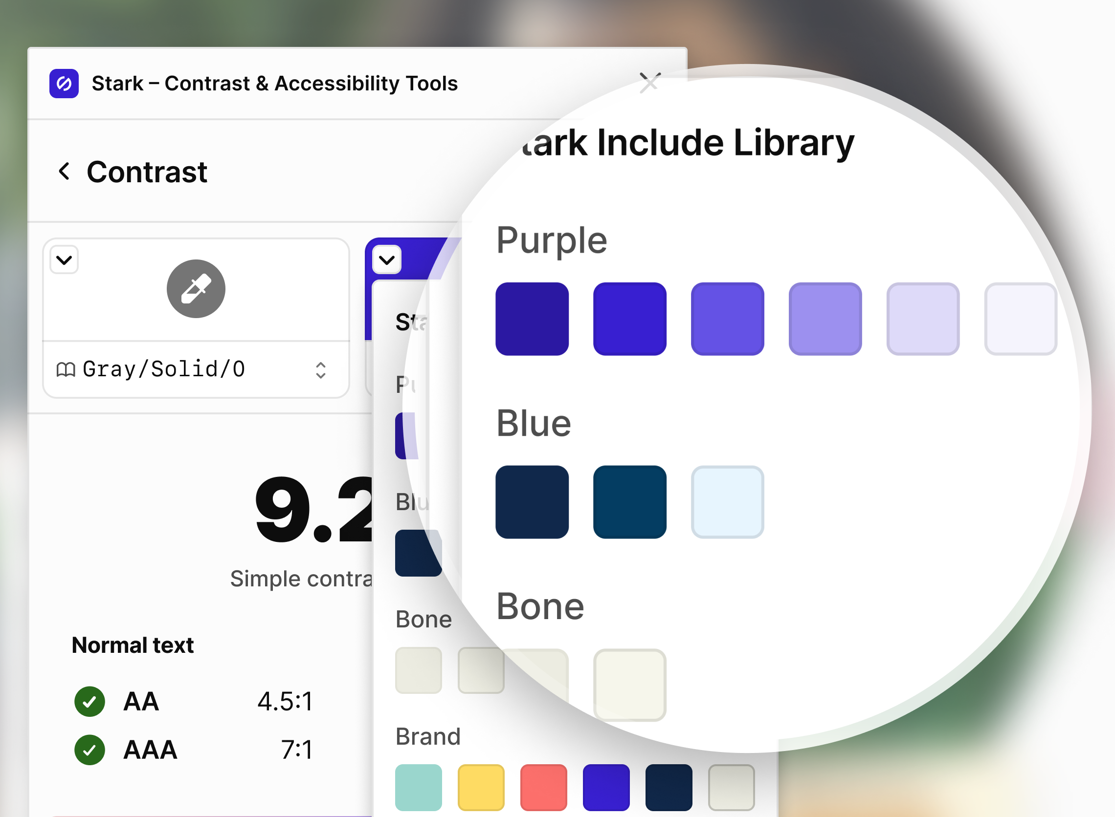 The Stark Contrast checker with a drop down menu to select colors from a design system library.