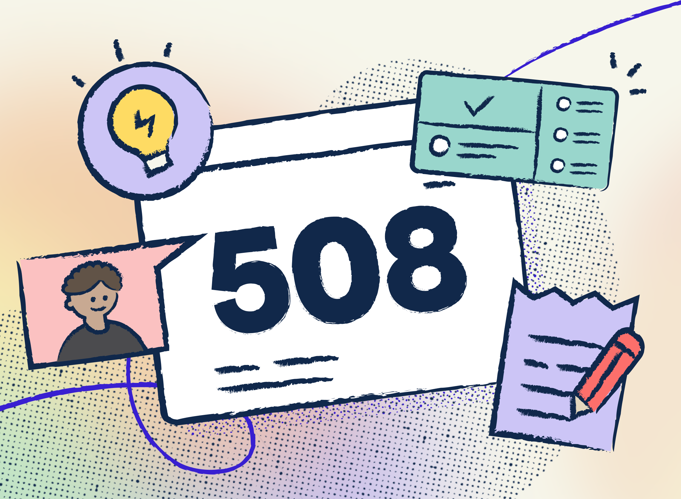 A browser window illustration with a bold number 508 in the center, floating around illustrations of a lightbulb, checklist, a person and a document.