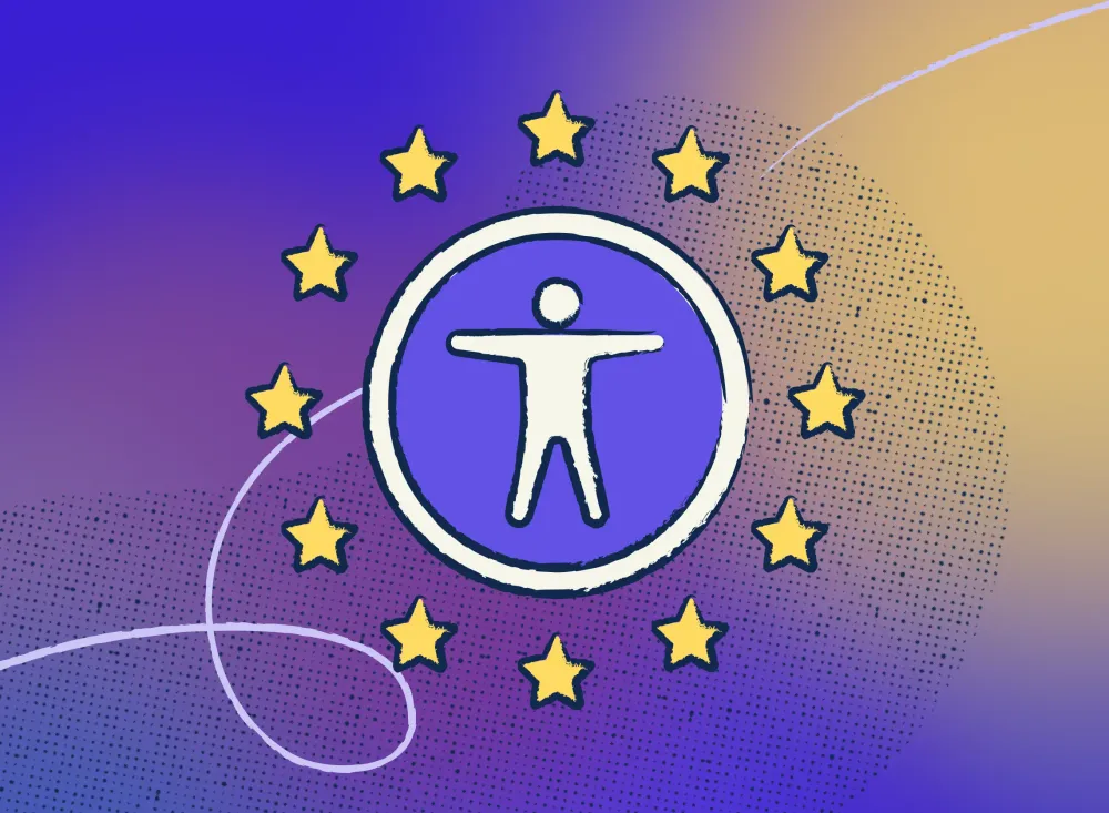 In the center the accessibility icon showing the silhouette of a person, around in a circle the stars of the European flag.