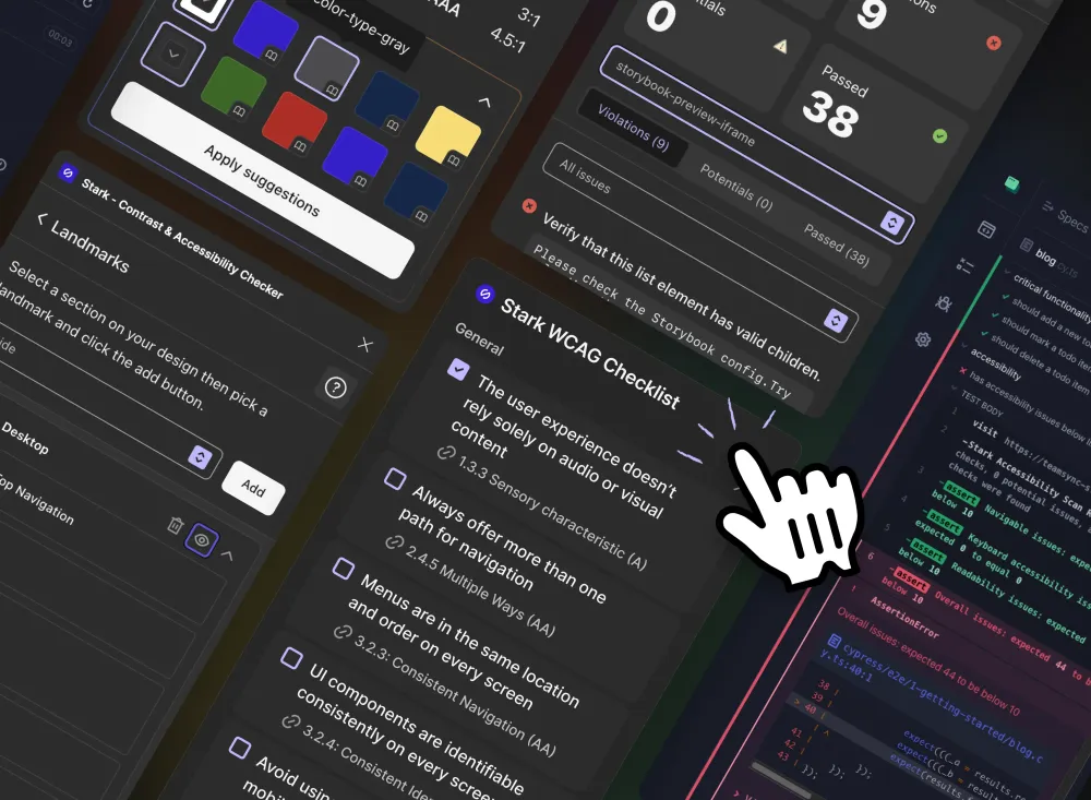 Updated Stark UI modals floating at a 45 degree angle across a dark background with subtle rainbow gradient.