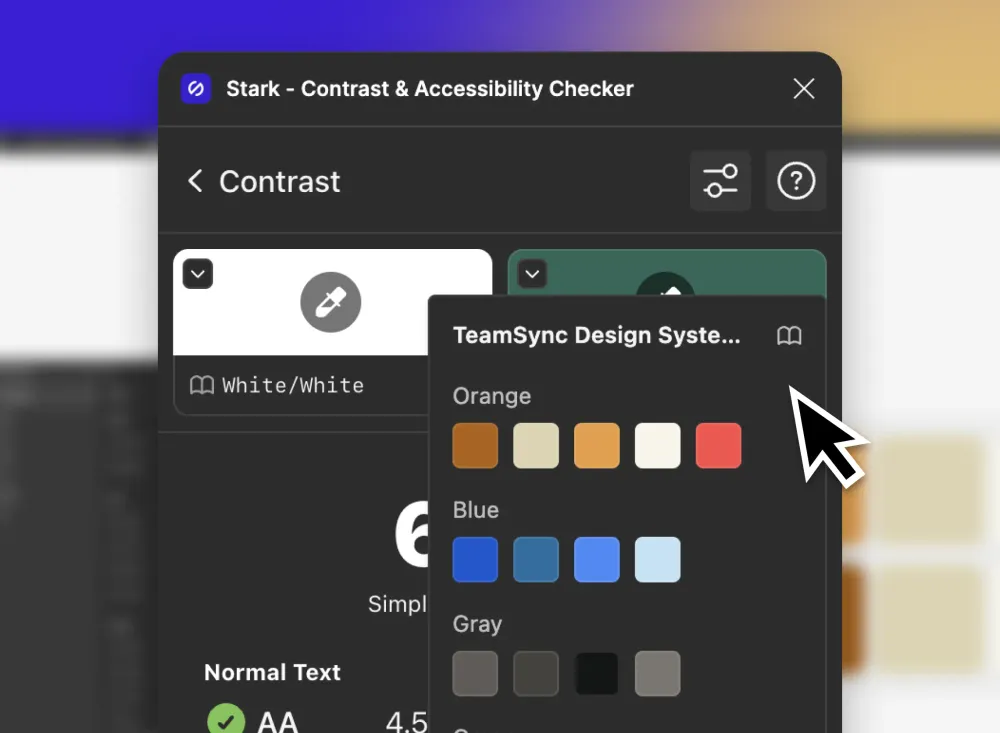 The Stark contrast checker UI with a drop down menu showing the list of available design system colors open. A blurred Figma UI window in the background.