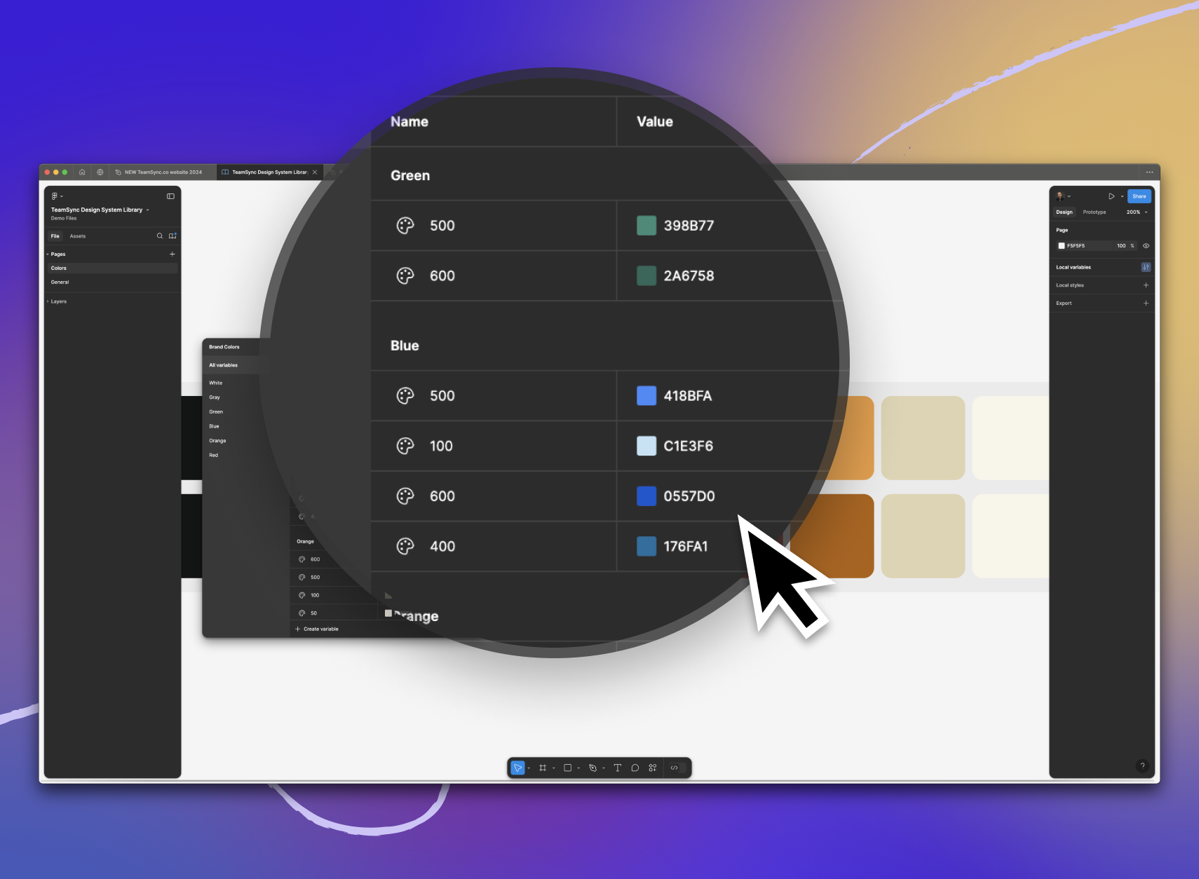 A zoomed in part of the Figma UI showing color variables of a design system with their naming conventions.