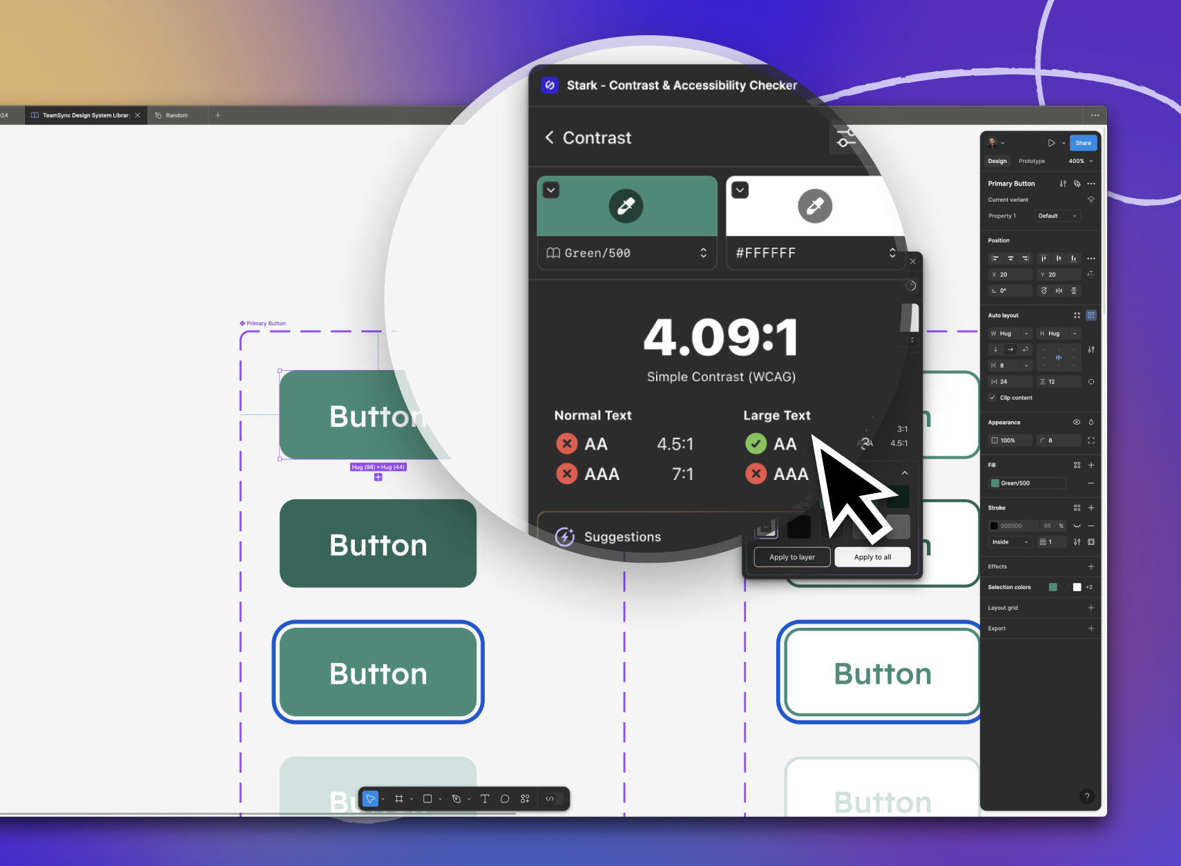 A zoomed in part of the Stark UI in Figma showing the contrast checker results of a button component in a design system.