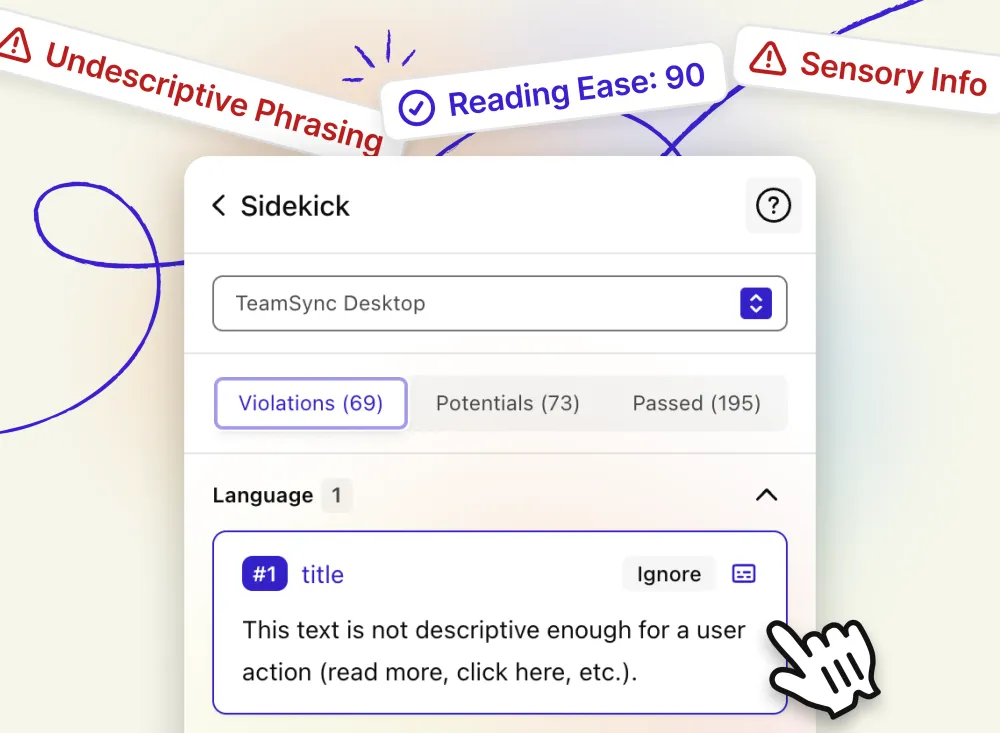 The Stark Sidekick UI showing a list of accessibility violations in a design file with the focus on a language issue.