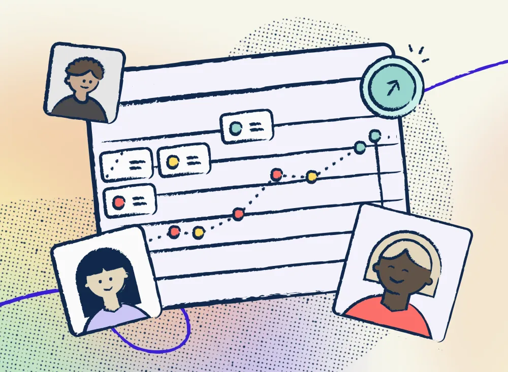 An abstract scorecard showing a graph with multiple data points in red, yellow and green plotted and a green arrow pointing up. Floating around three illustrations of team members.