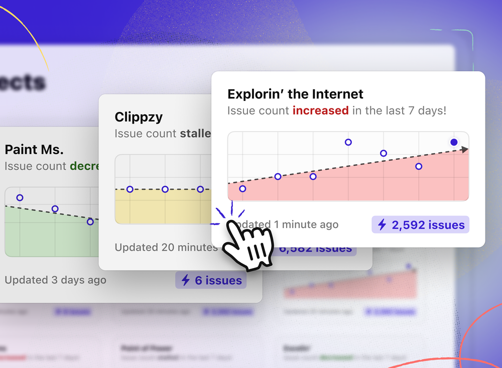 Close up of 3 project cards in the Stark Projects dashboard. The card on the right shows a pink graph trending upward with an increase in accessibility issues. Behind the primary card are two others showing issues stalling and decreasing.