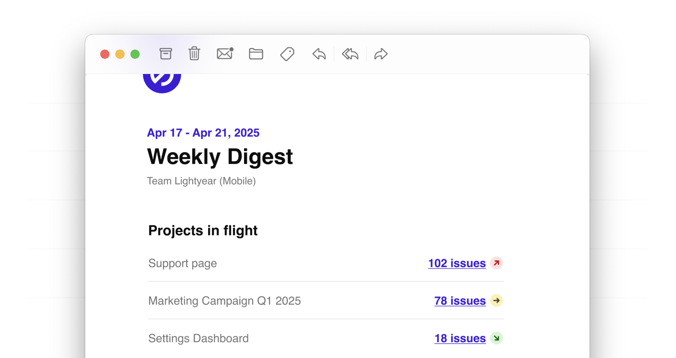 Screenshot of a weekly digest email showing a summary of accessibility issues in ongoing projects, with project names like 'Support page,' 'Marketing Campaign Q1 2025,' and 'Settings Dashboard' along with the respective number of issues for each project.