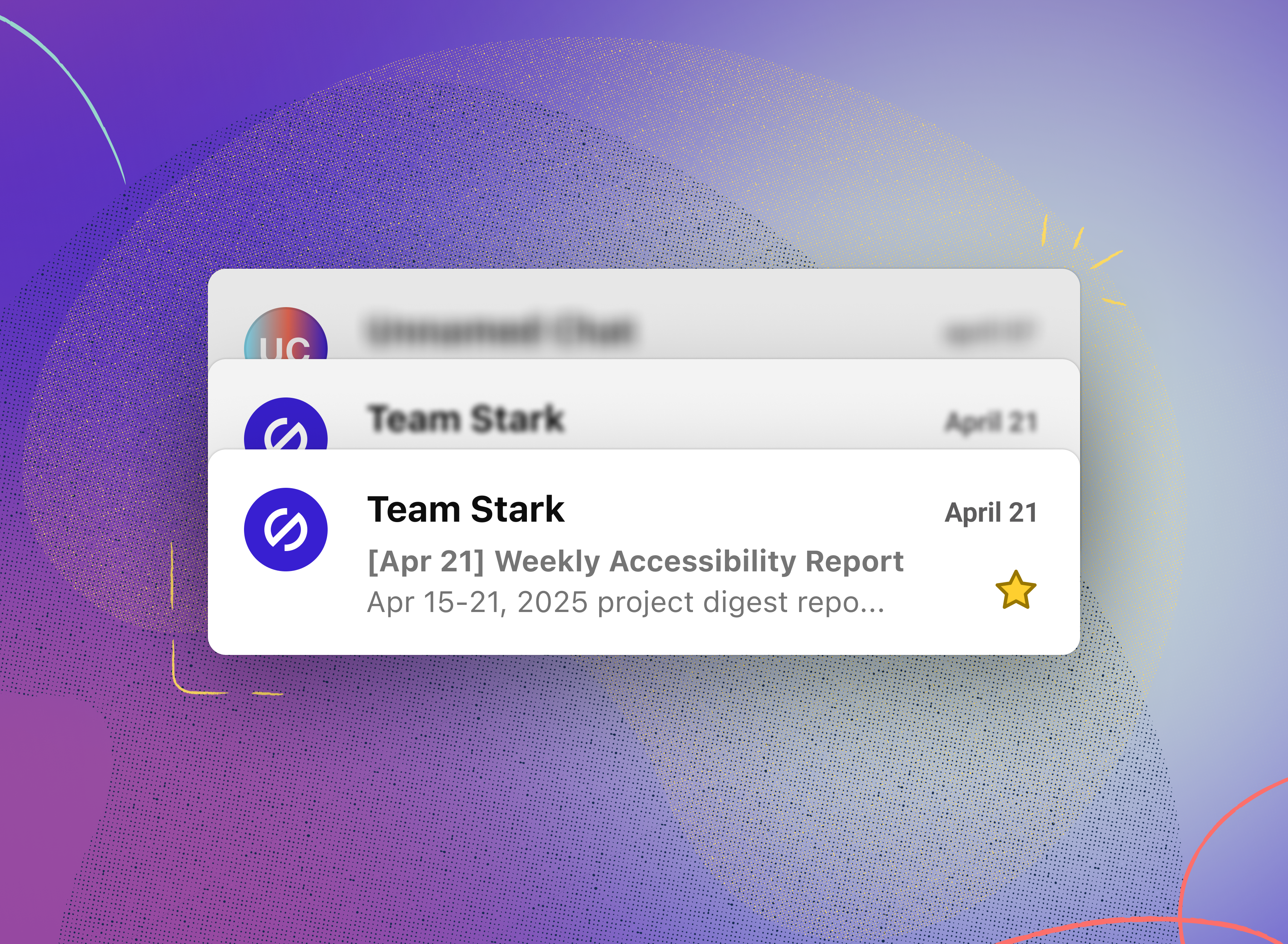 A preview of a weekly accessibility report email from Team Stark, showing the subject line '[Apr 21] Weekly Accessibility Report' with the date range 'Apr 15-21, 2025' in the email inbox view.